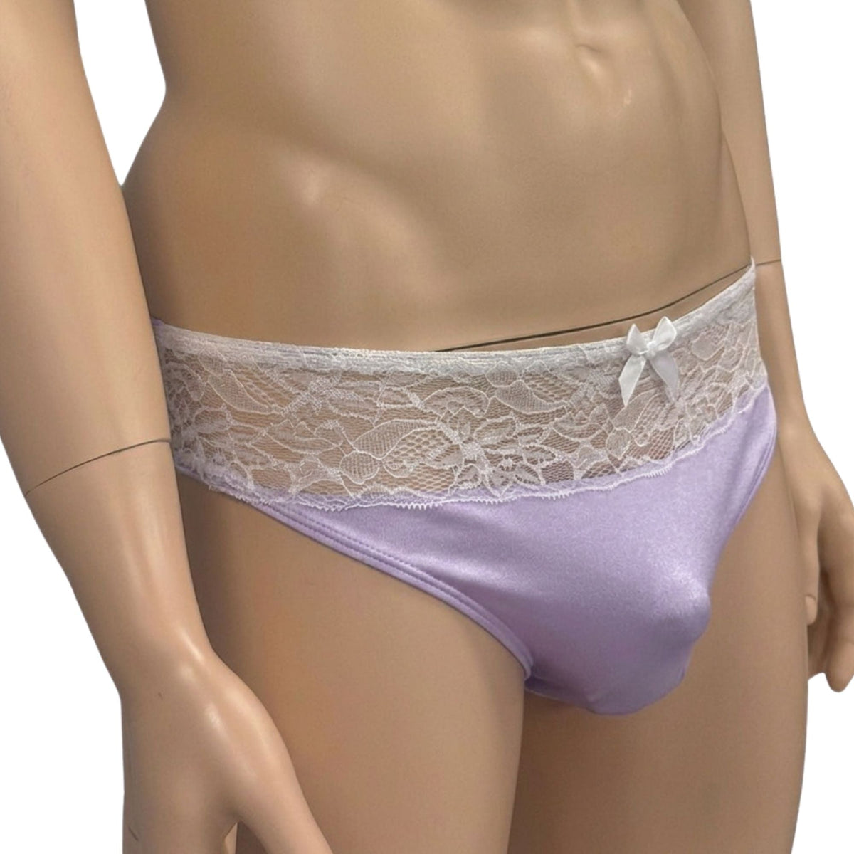 Mens Jackie Stretch Spandex Seamless Front Bikini Brief Lilac & White Lace