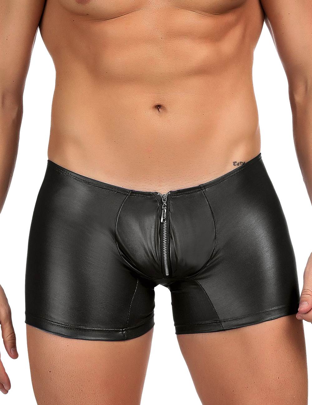JCSTK - Mens Wetlook OY-MP069 Boxer Shorts with Zipper Pouch Front Black