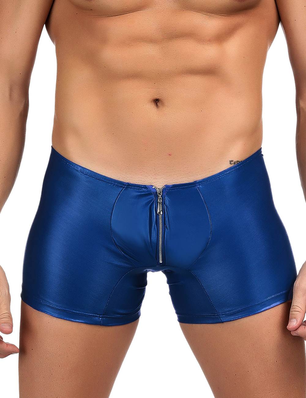JCSTK - Mens Wetlook OY-MP069 Boxer Shorts with Zipper Pouch Front Blue