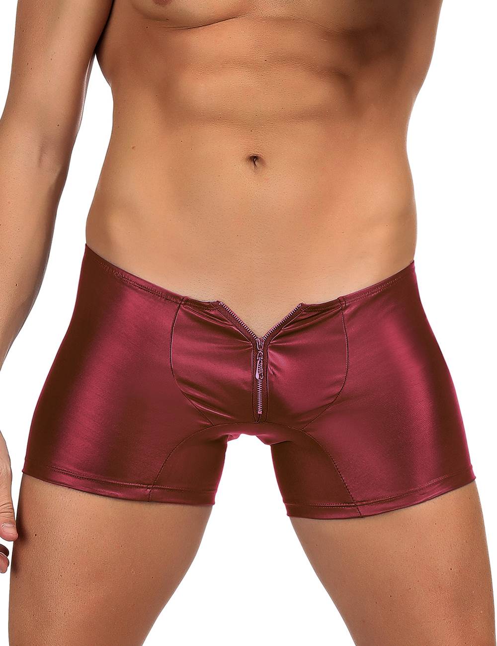 JCSTK - Mens Wetlook OY-MP069 Boxer Shorts with Zipper Pouch Front Burgundy