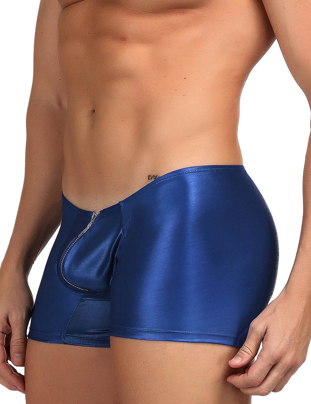 JCSTK - Mens Wetlook OY-MP069 Boxer Shorts with Zipper Pouch Front Blue
