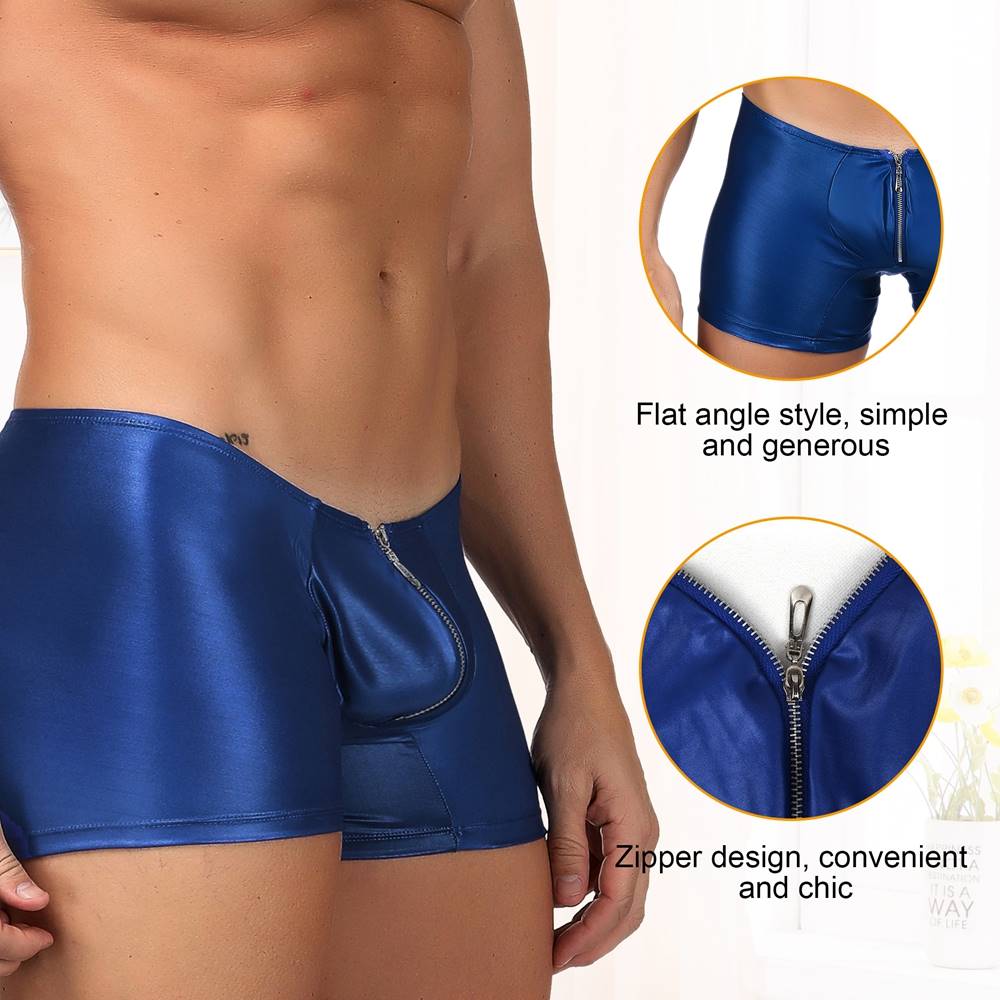 JCSTK - Mens Wetlook OY-MP069 Boxer Shorts with Zipper Pouch Front Blue