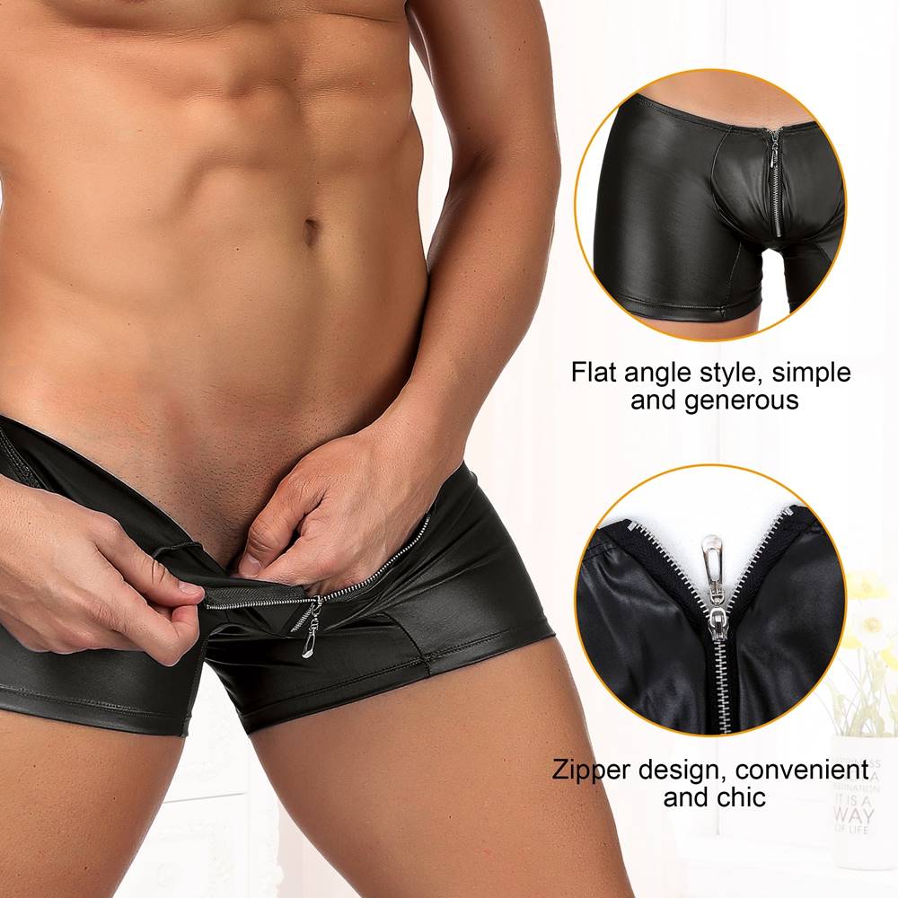 JCSTK - Mens Wetlook OY-MP069 Boxer Shorts with Zipper Pouch Front Black