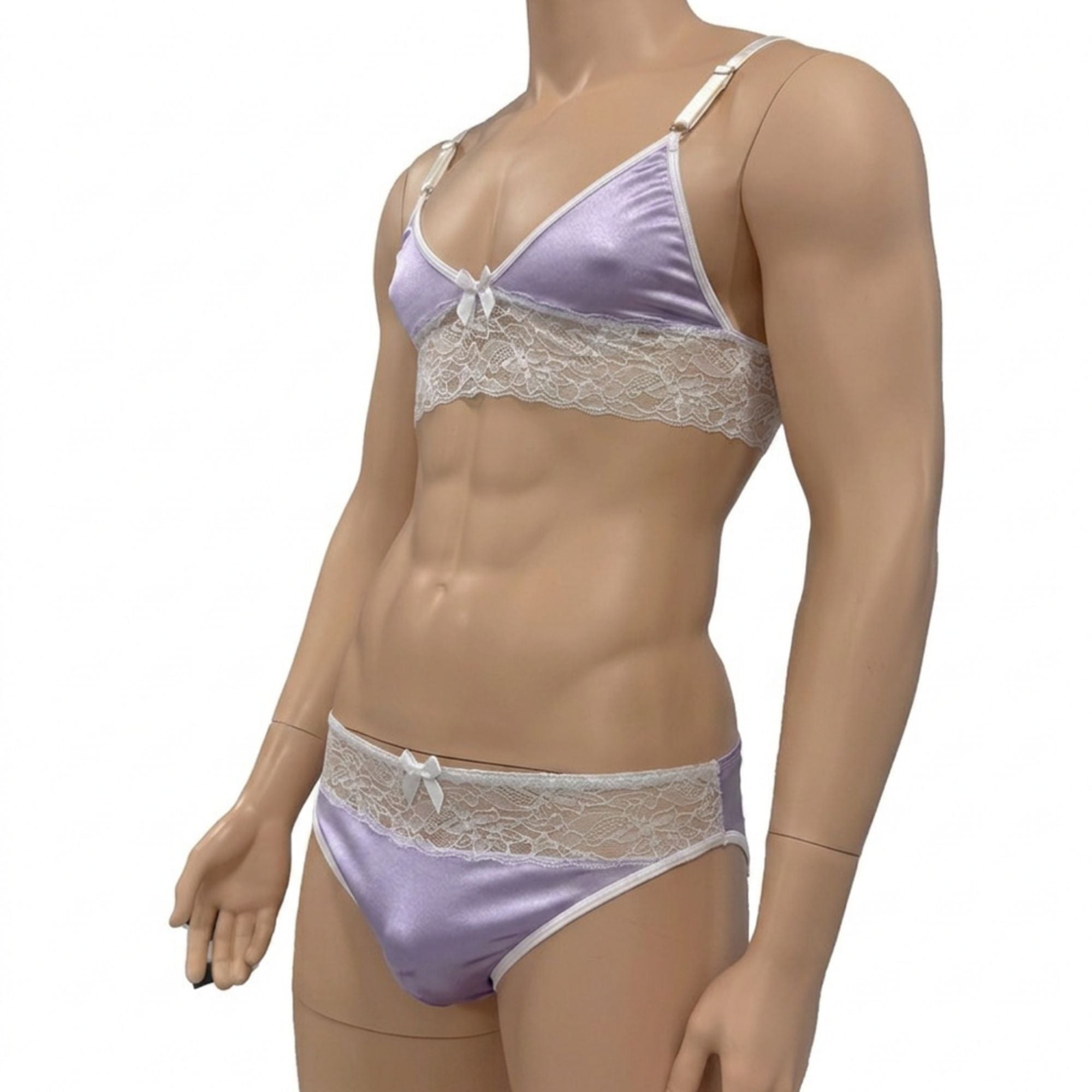 Mens Jackie Spandex & Lace Bra Top and Seamless Front Brief Lilac & White Lace