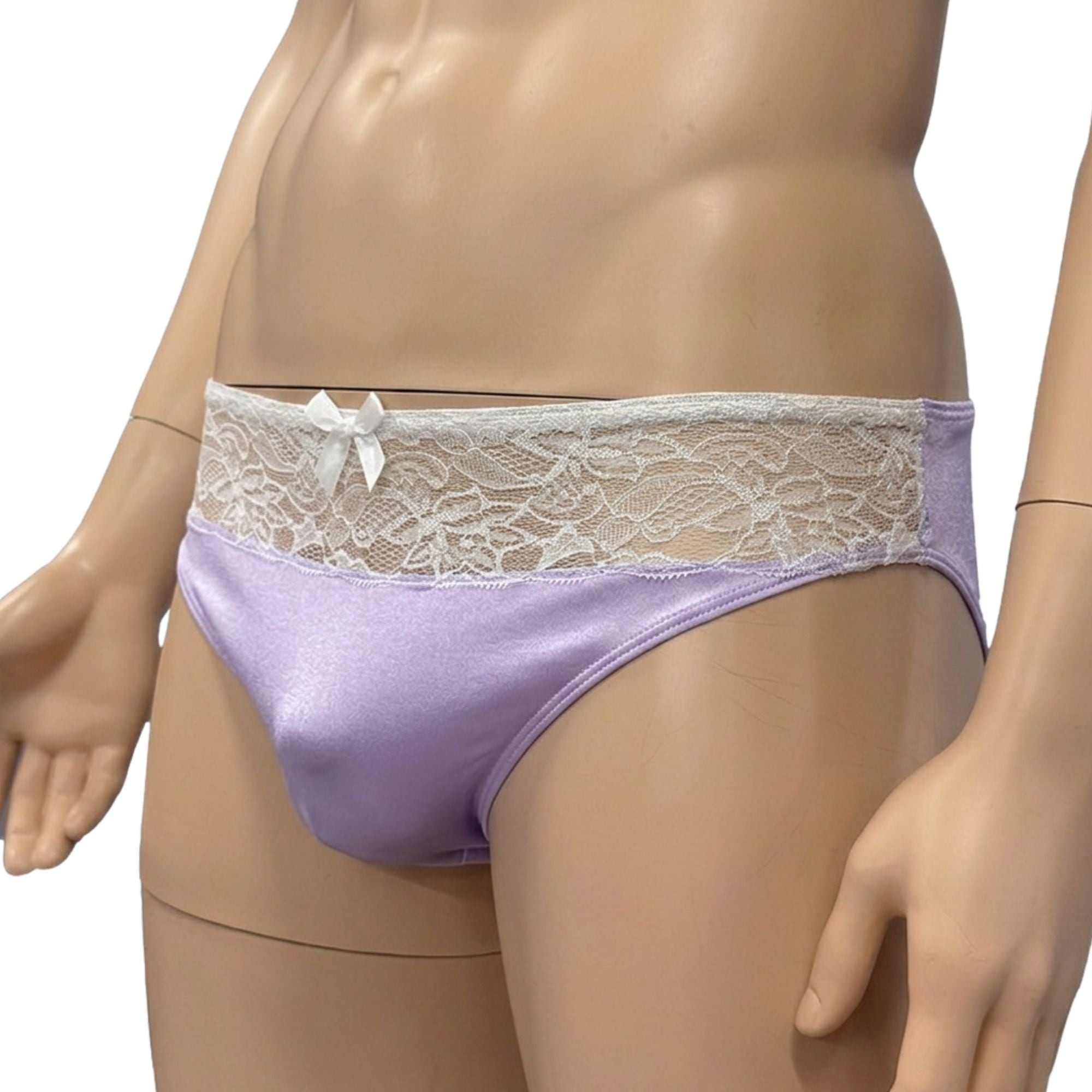 Mens Jackie Stretch Spandex Seamless Front Bikini Brief Lilac & White Lace