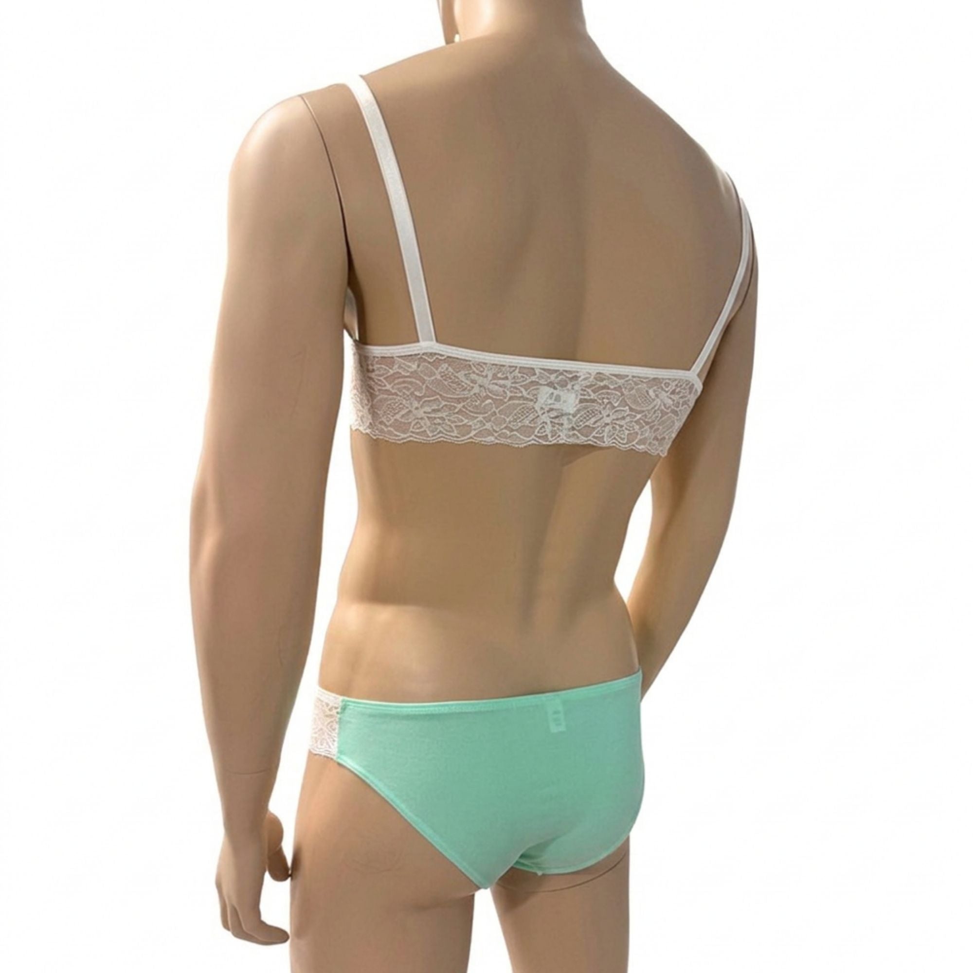 Mens Jackie Spandex & Lace Bra Top and Seamless Front Brief Mint & White Lace