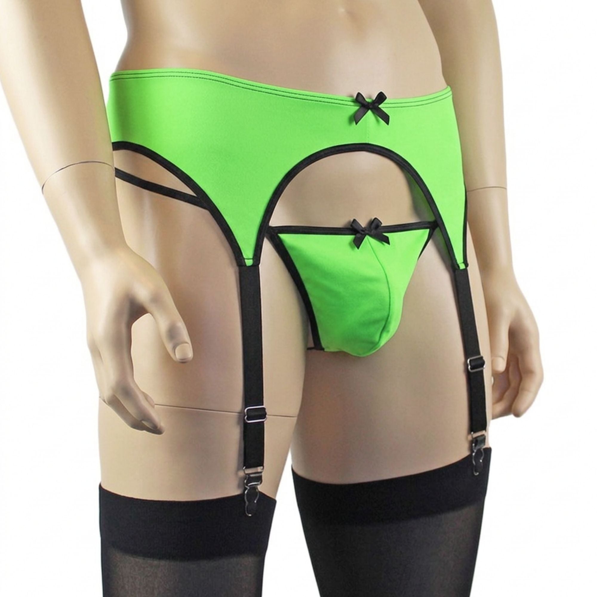Mens Jenny Shiny Spandex Garterbelt Lingerie Neon Green & Black