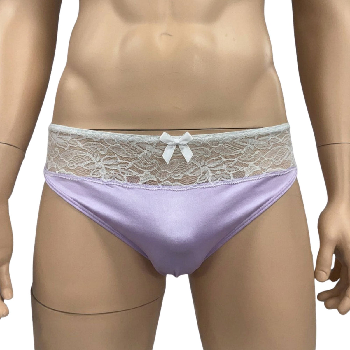 Mens Jackie Stretch Spandex Seamless Front Bikini Brief Lilac & White Lace