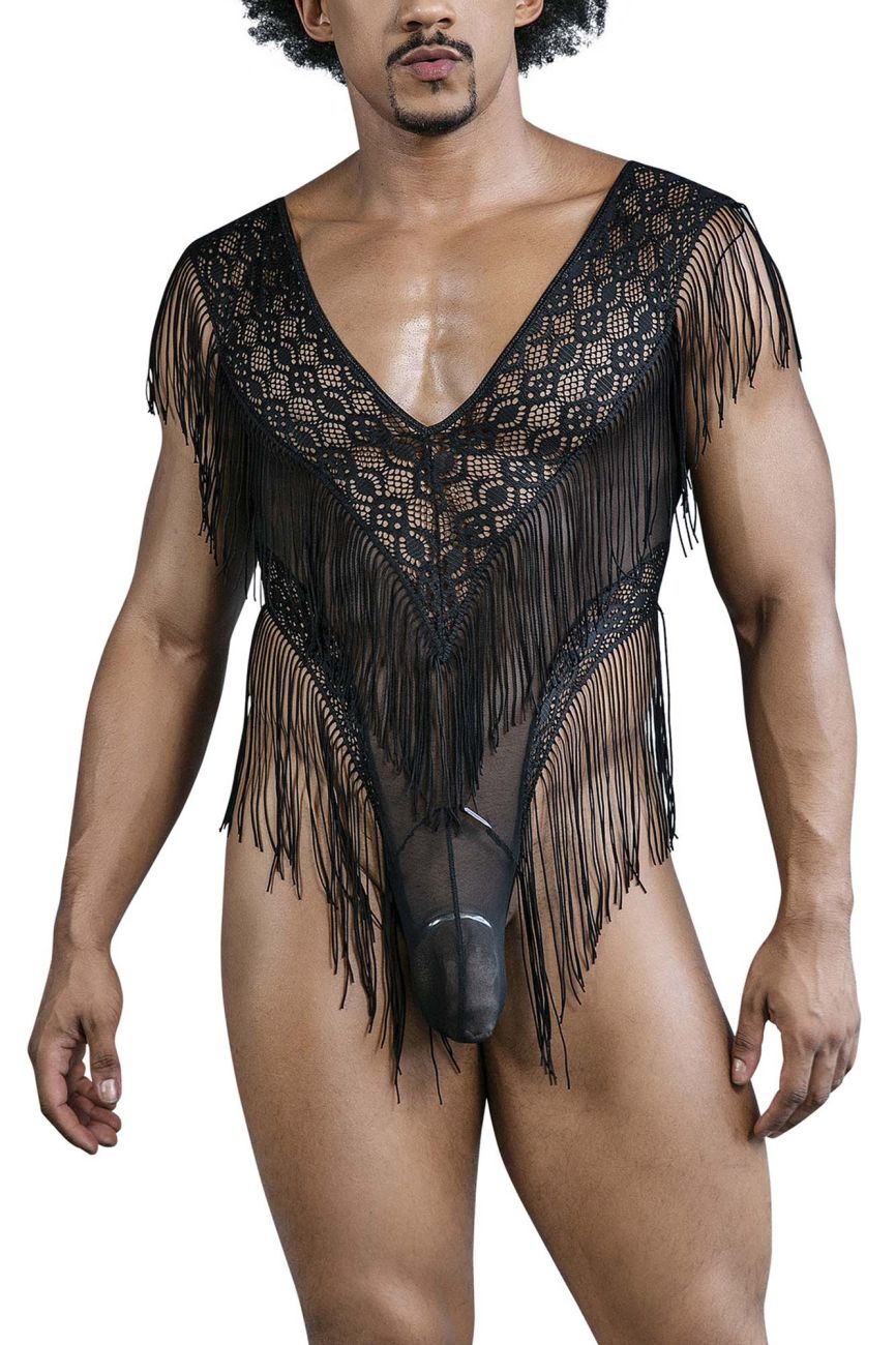 CandyMan 99865 Mens Sexy Lace-Mesh Bodysuit with Fringe Black