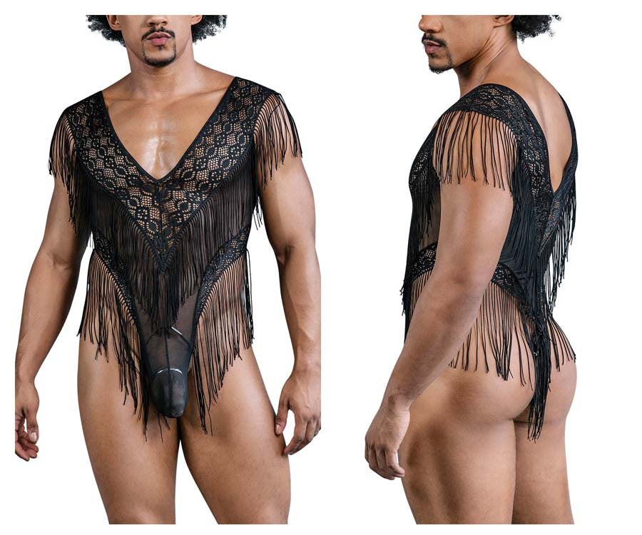 CandyMan 99865 Mens Sexy Lace-Mesh Bodysuit with Fringe Black