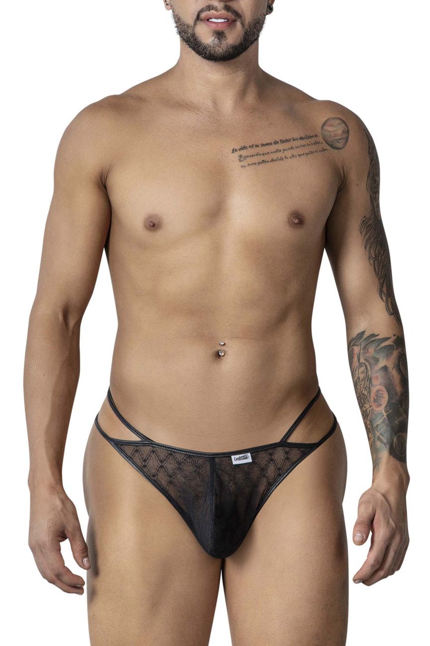 CandyMan 99903 Mens Strappy Geometric Mesh Thongs Black Plus Sizes
