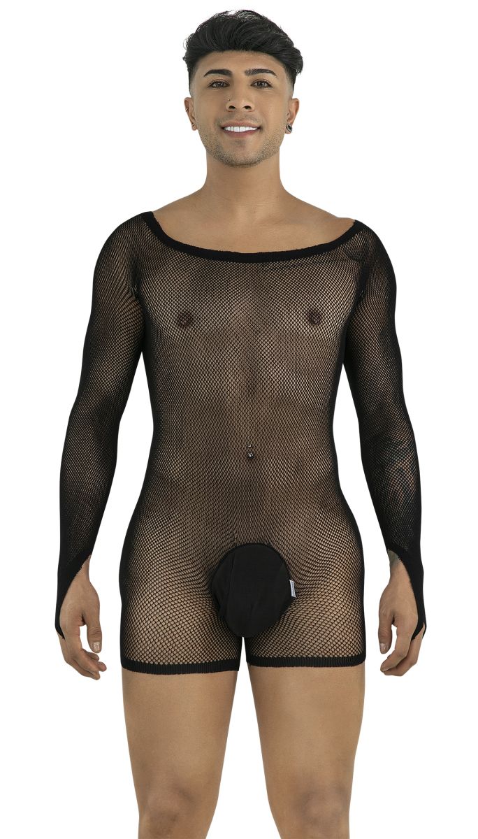 CandyMan 99955 Mens Stretch Fishnet Bodysuit with Long Sleeves Black
