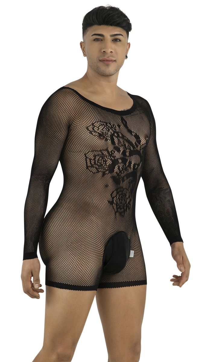 CandyMan 99959 Mens Stretch Fishnet Bodysuit with Graphic Tattoo Print Black