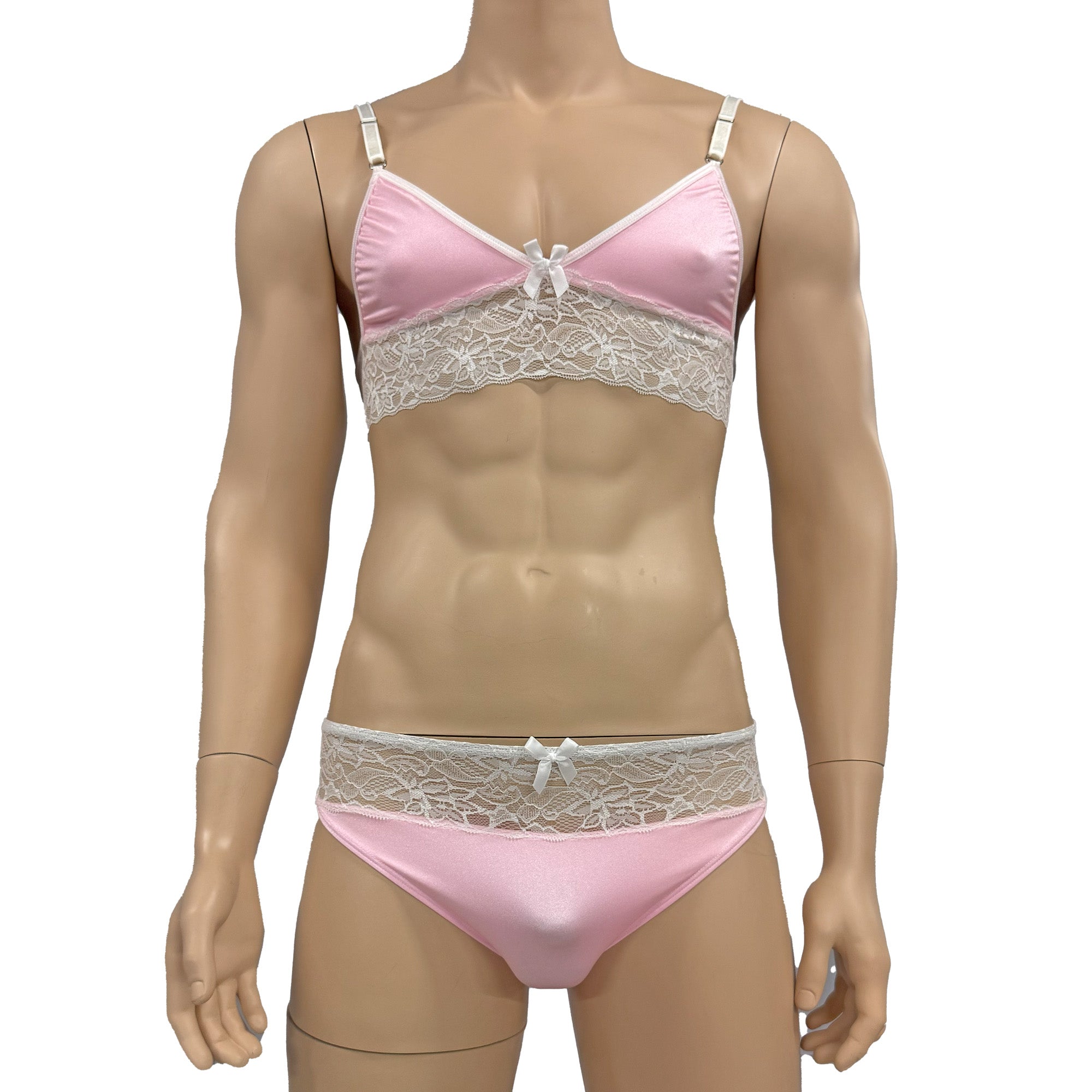 Mens Jackie Spandex & Lace Bra Top and Seamless Front Brief Light Pink & White Lace