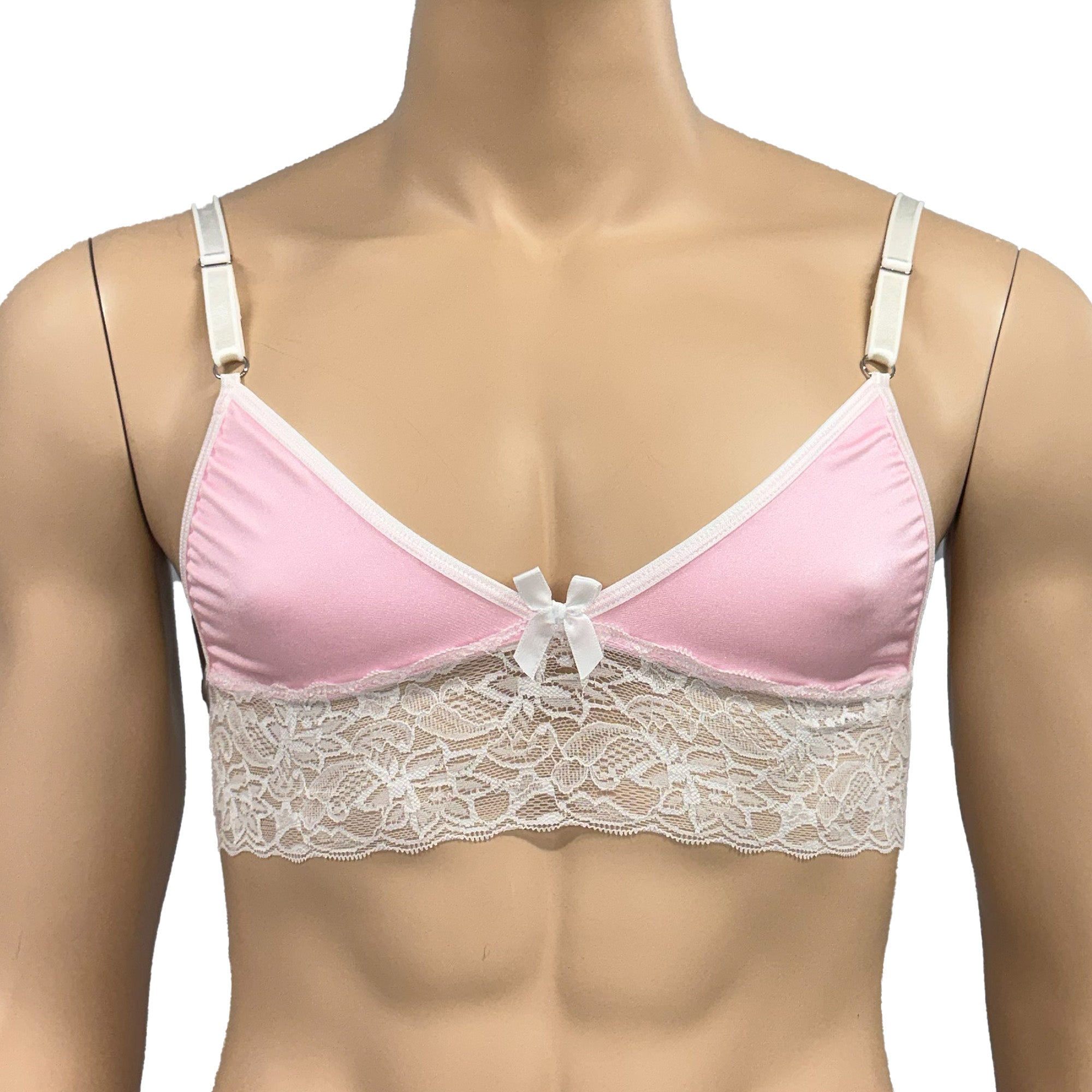 Mens Jackie Spandex & Lace Bra Top and Seamless Front Brief Light Pink & White Lace