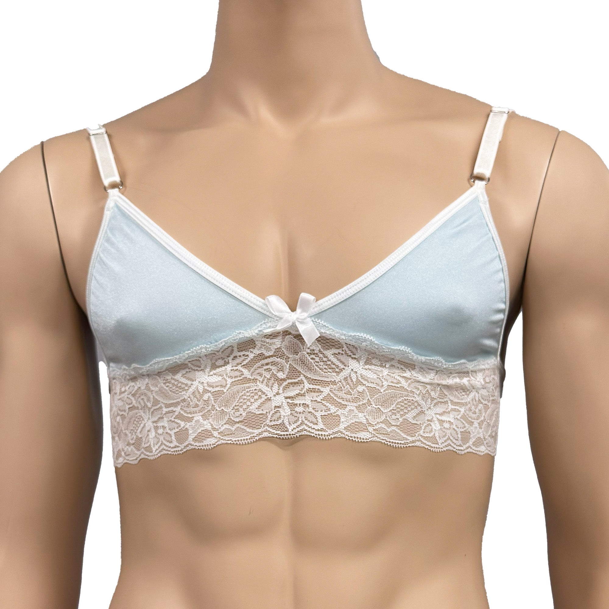 Mens Jackie Spandex & Lace Bra Top and Seamless Front Brief Light Blue & White Lace