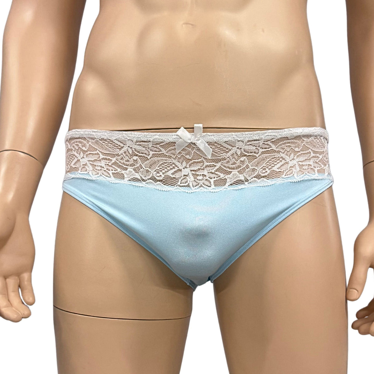 Mens Jackie Stretch Spandex Seamless Front Bikini Brief Light Blue & White Lace