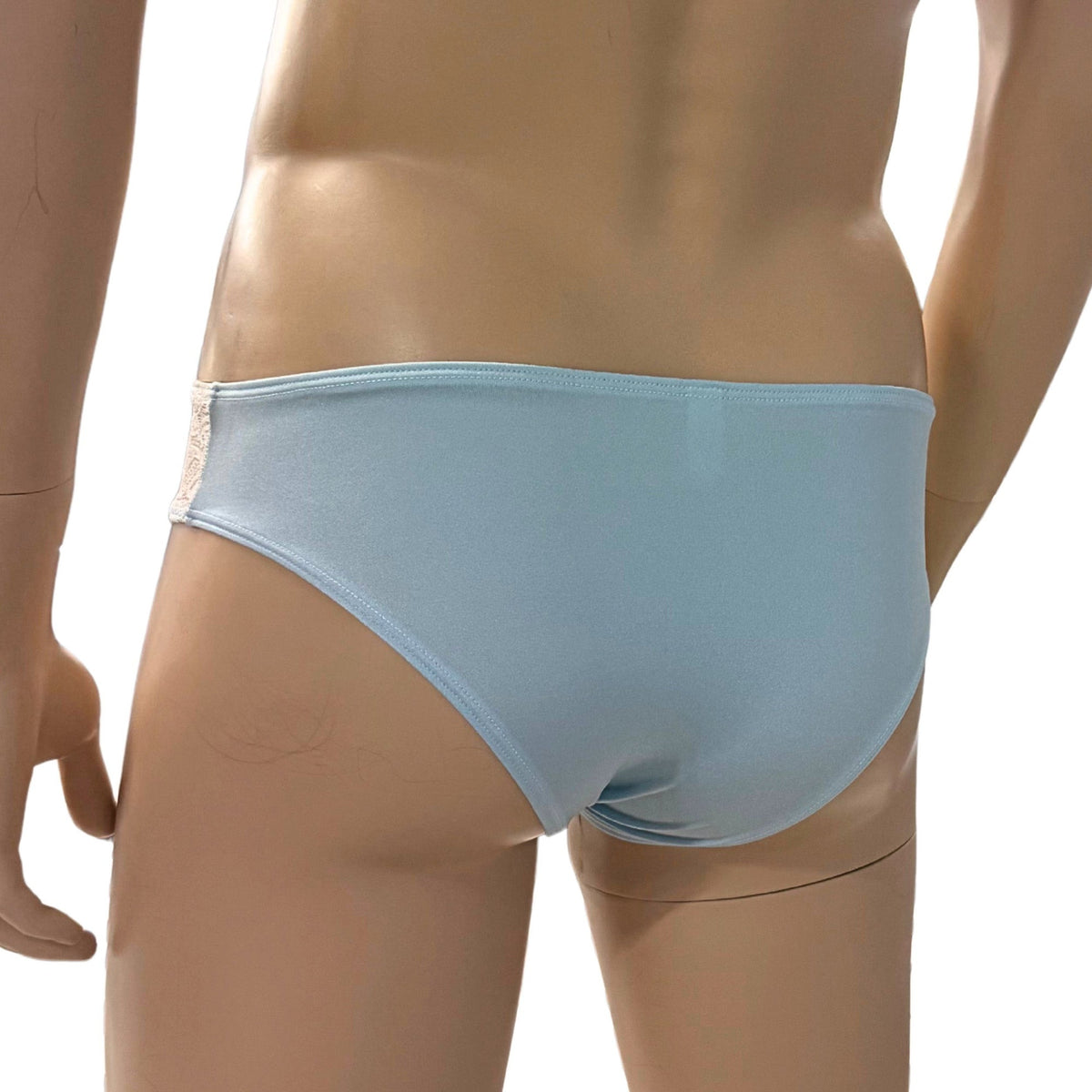 Mens Jackie Stretch Spandex Seamless Front Bikini Brief Light Blue & White Lace