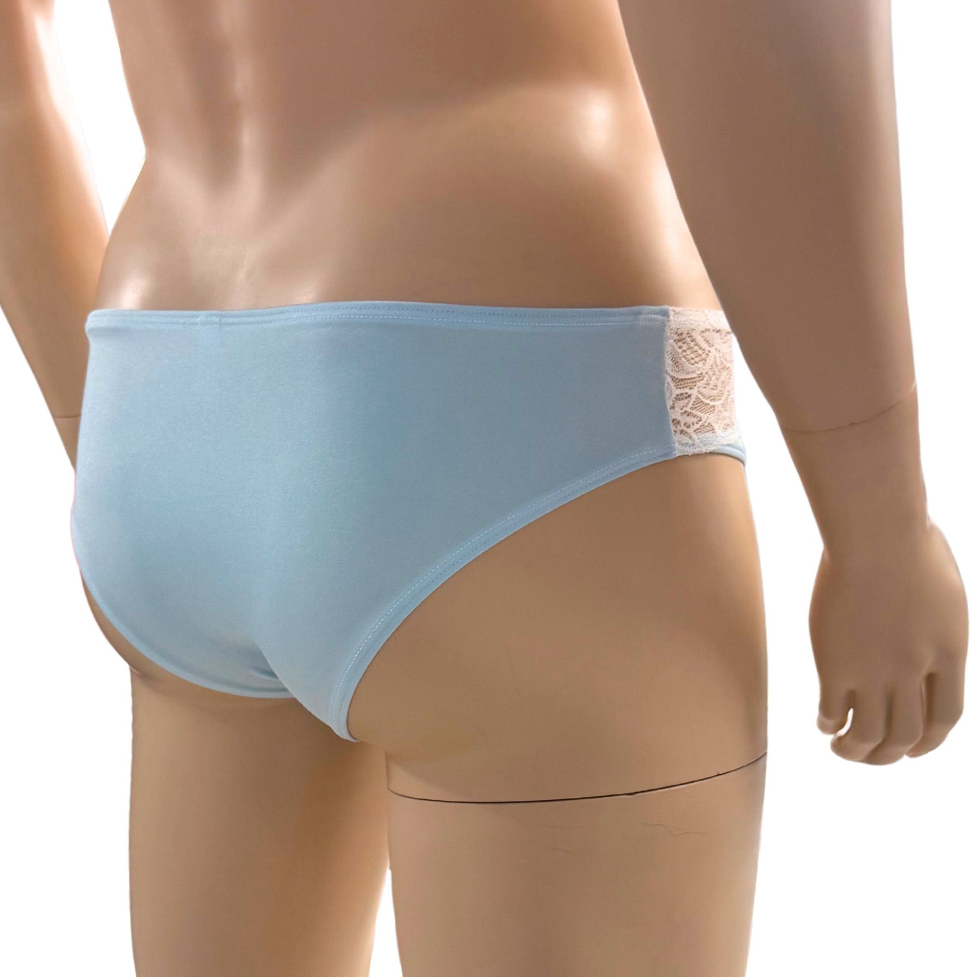 Mens Jackie Spandex & Lace Bra Top and Seamless Front Brief Light Blue & White Lace