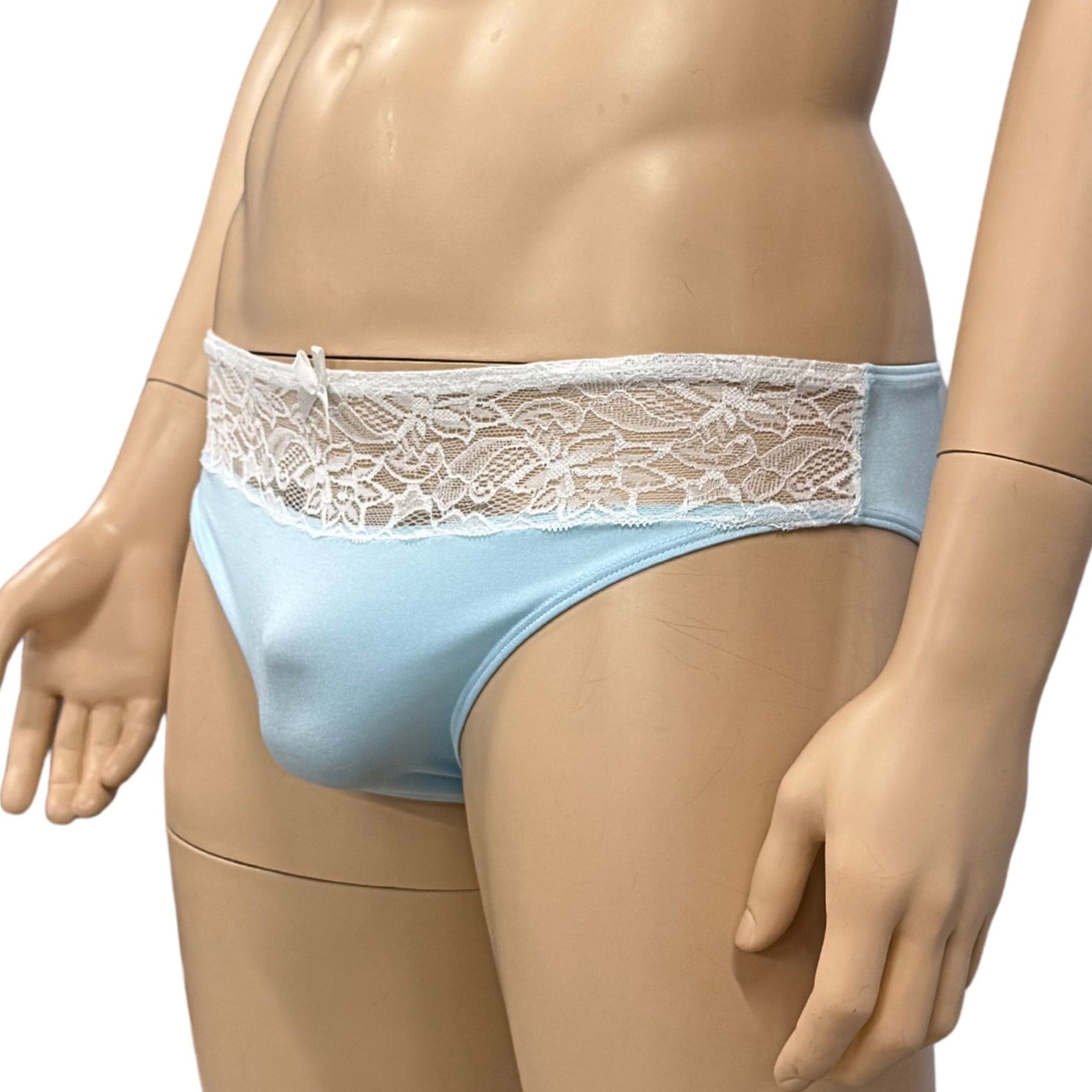 Mens Jackie Stretch Spandex Seamless Front Bikini Brief Light Blue & White Lace