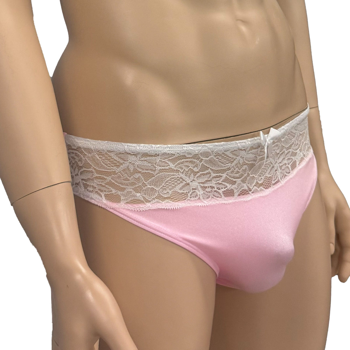 Mens Jackie Stretch Spandex Seamless Front Bikini Brief Light Pink & White Lace