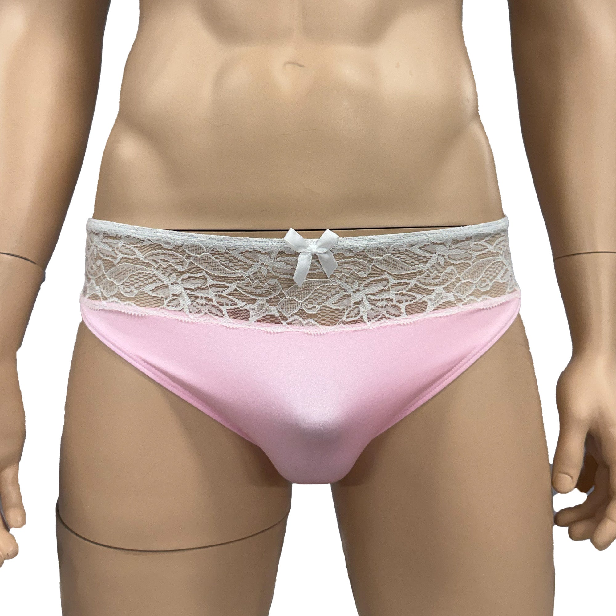Mens Jackie Stretch Spandex Seamless Front Bikini Brief Light Pink & White Lace
