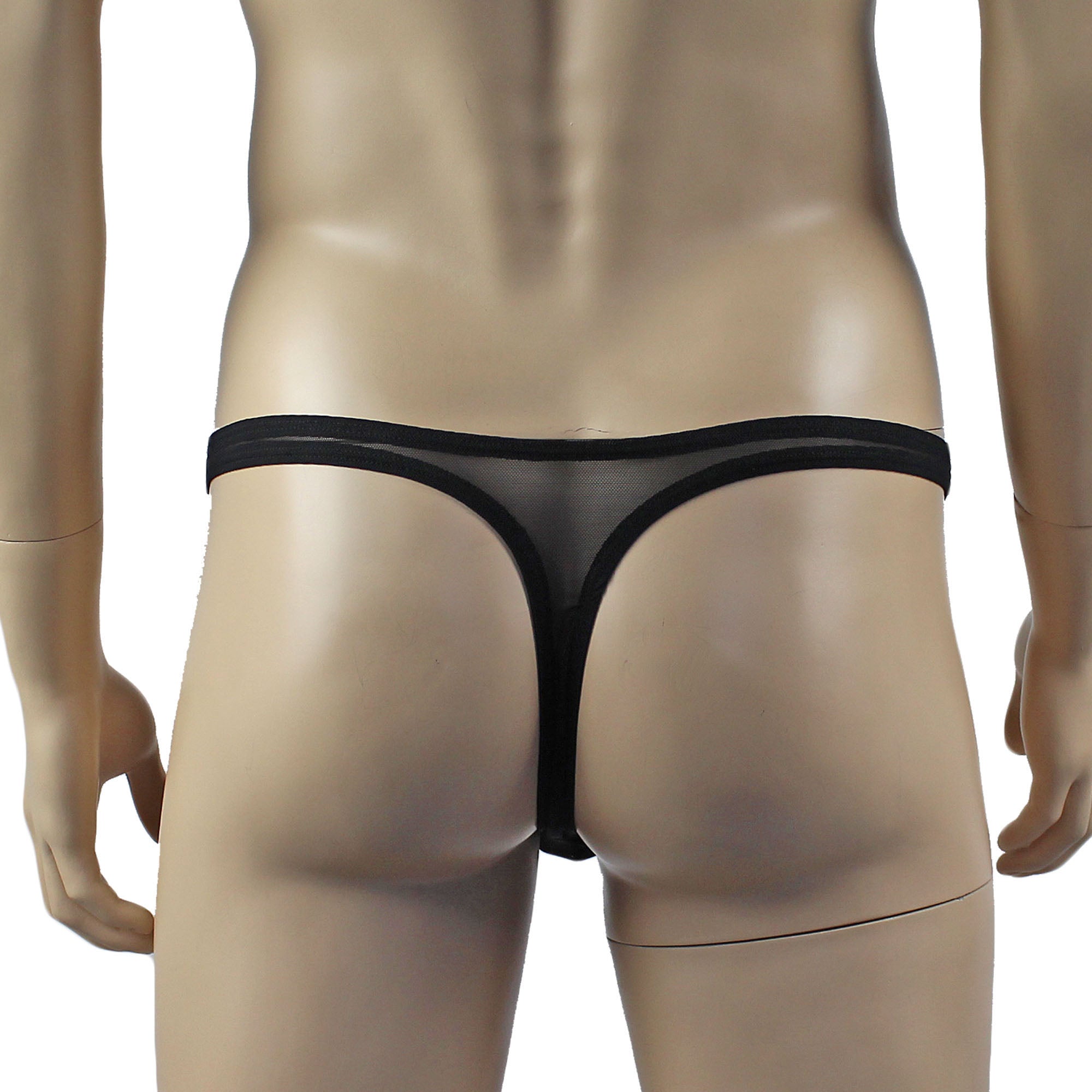 Mens Kristy Sexy Lace Thong Panties with Stretch Mesh Back Black
