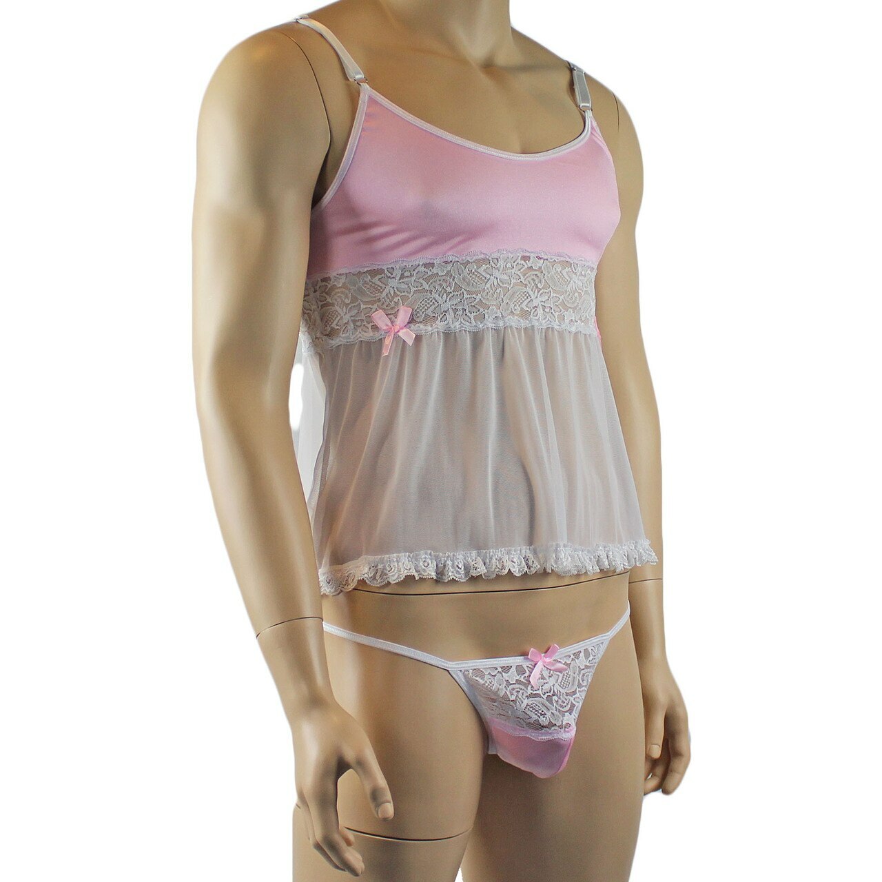 Mens Joanne Mini Babydoll Camisole & G string - Sizes up to 3XL Light Pink & White