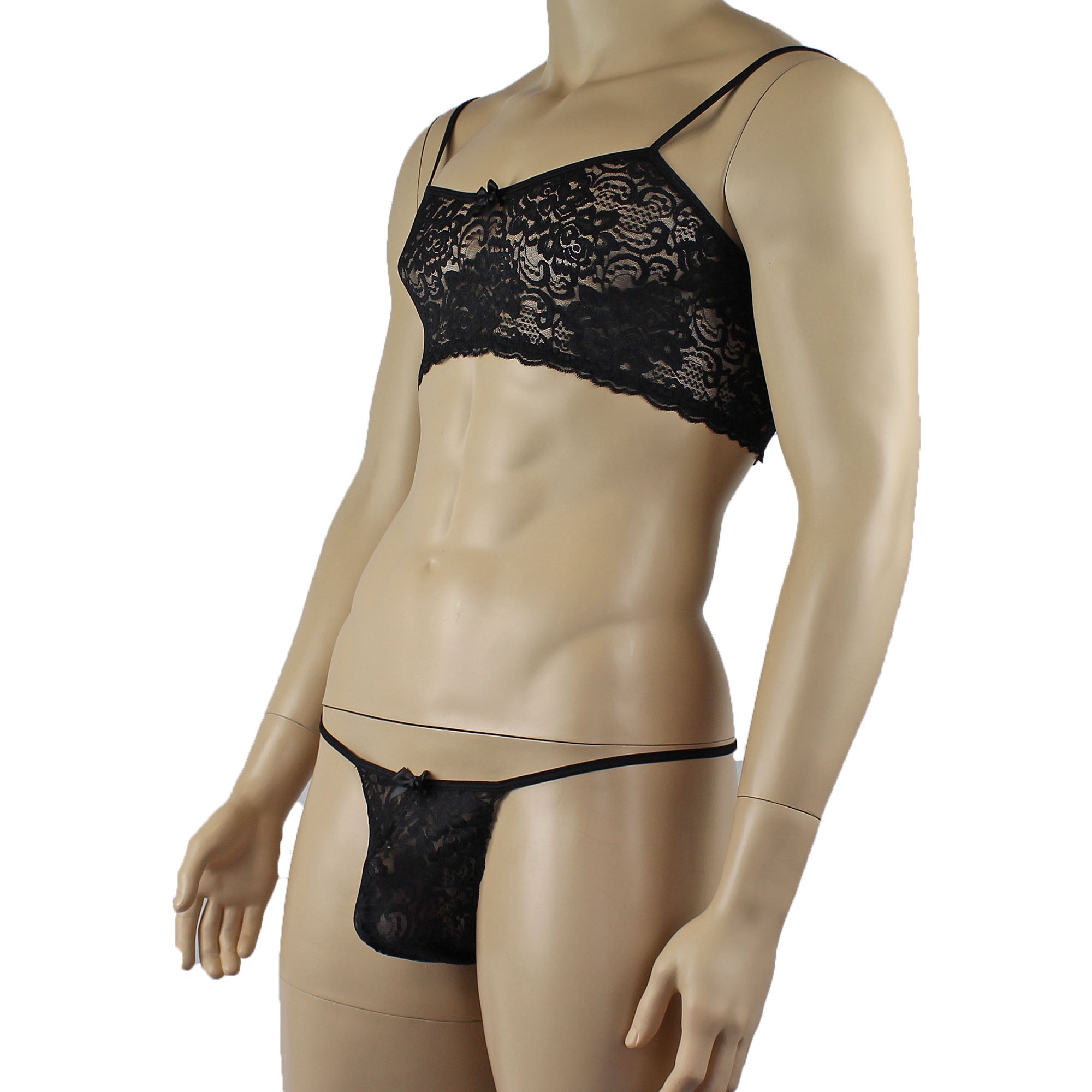 Mens Rebecca Pretty Floral Lingerie Lace Bra Top, Micro Mini Skirt and G string Black