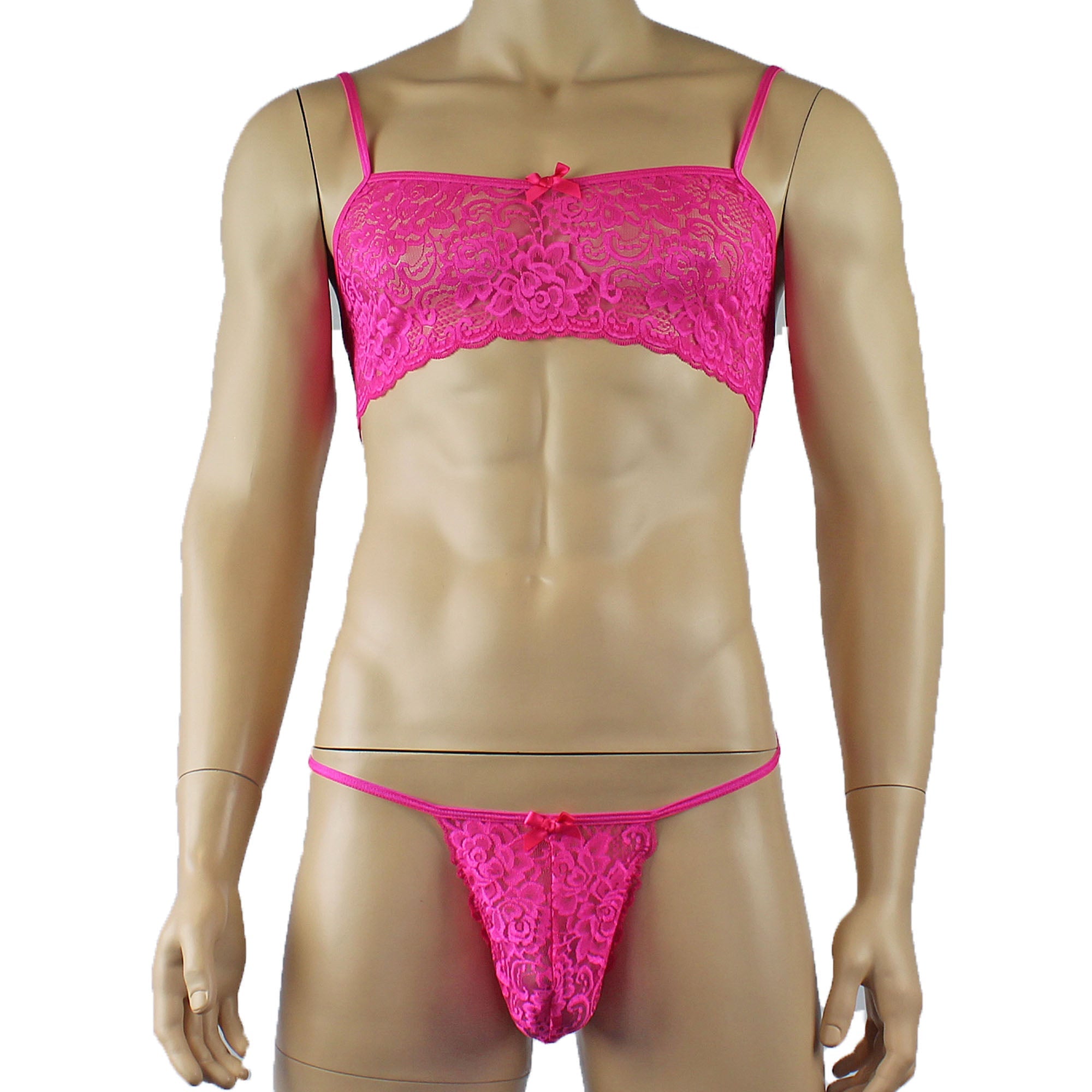Mens Rebecca Pretty Floral Lingerie Lace Bra Top, Micro Mini Skirt and G string Hot Pink