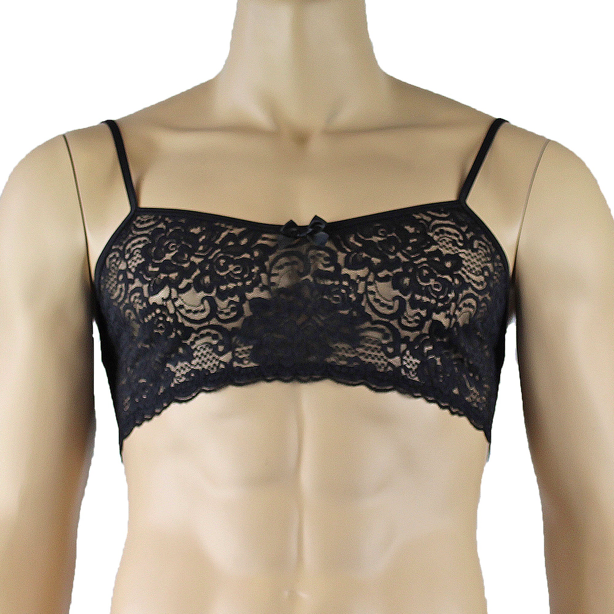 Mens Rebecca Pretty Floral Lingerie Lace Bra Top, Micro Mini Skirt and G string Black