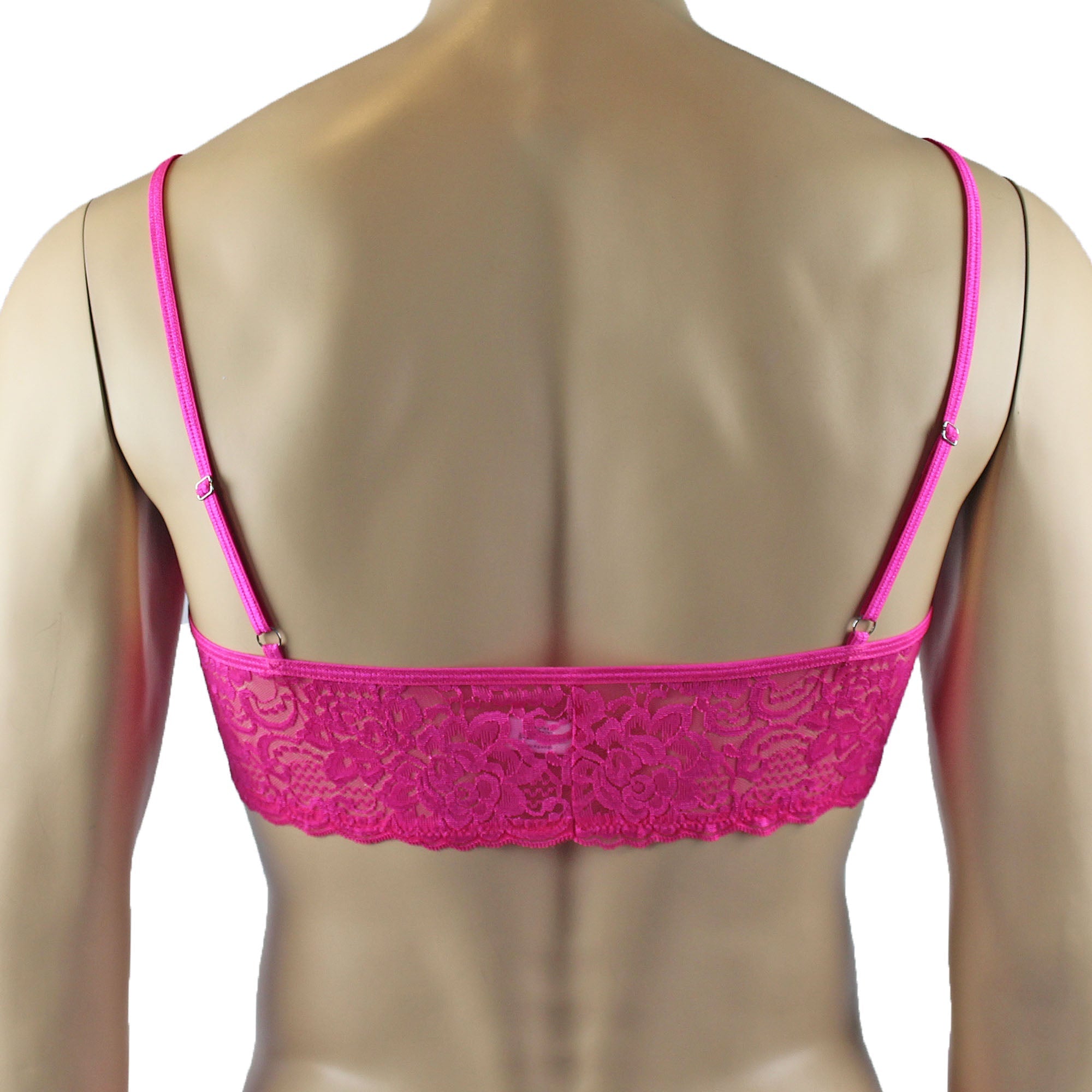 Mens Rebecca Pretty Floral Lingerie Lace Bra Top, Micro Mini Skirt and G string Hot Pink