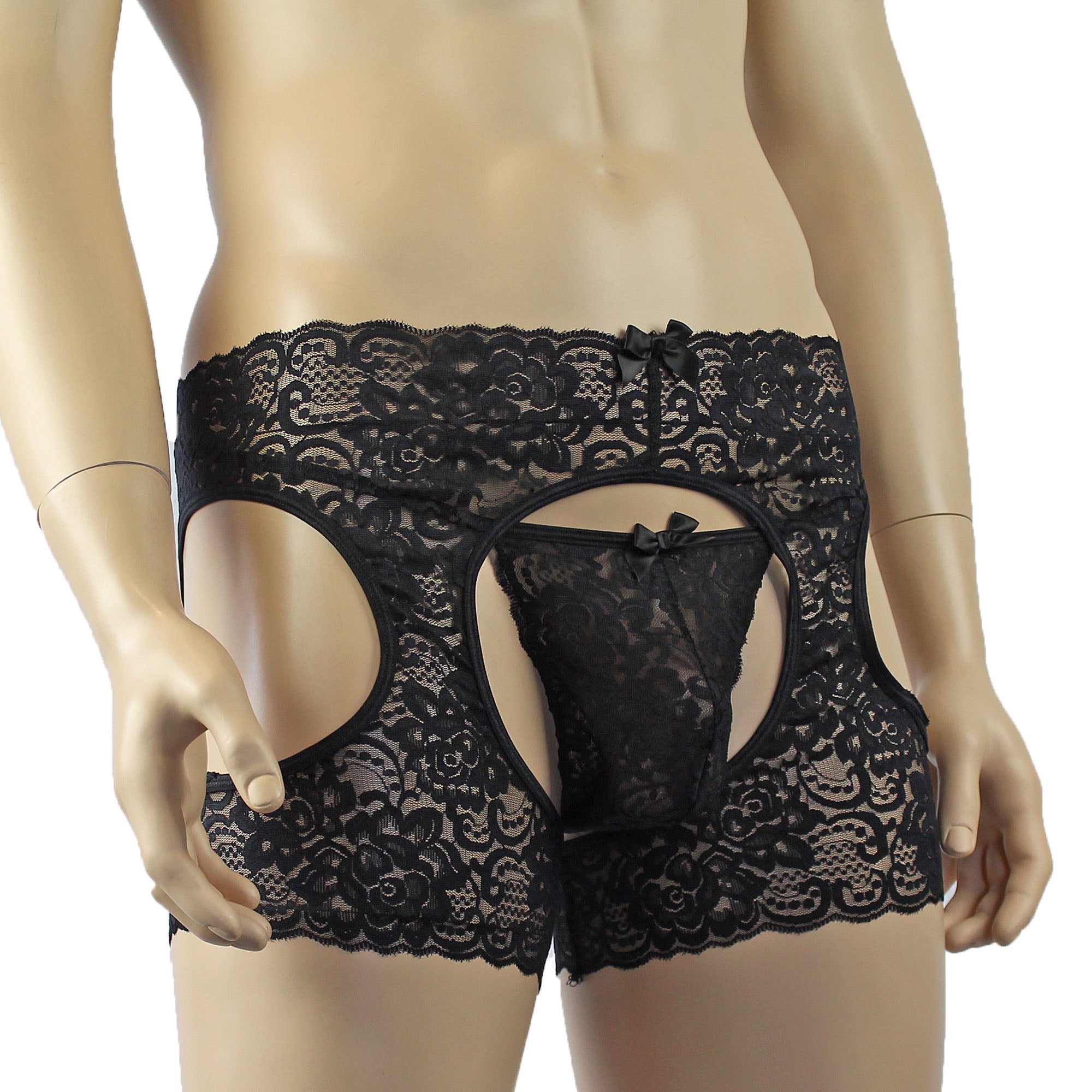 Mens Rebecca Pretty Floral Lingerie Open Garter Boxer Shorts with G string Black