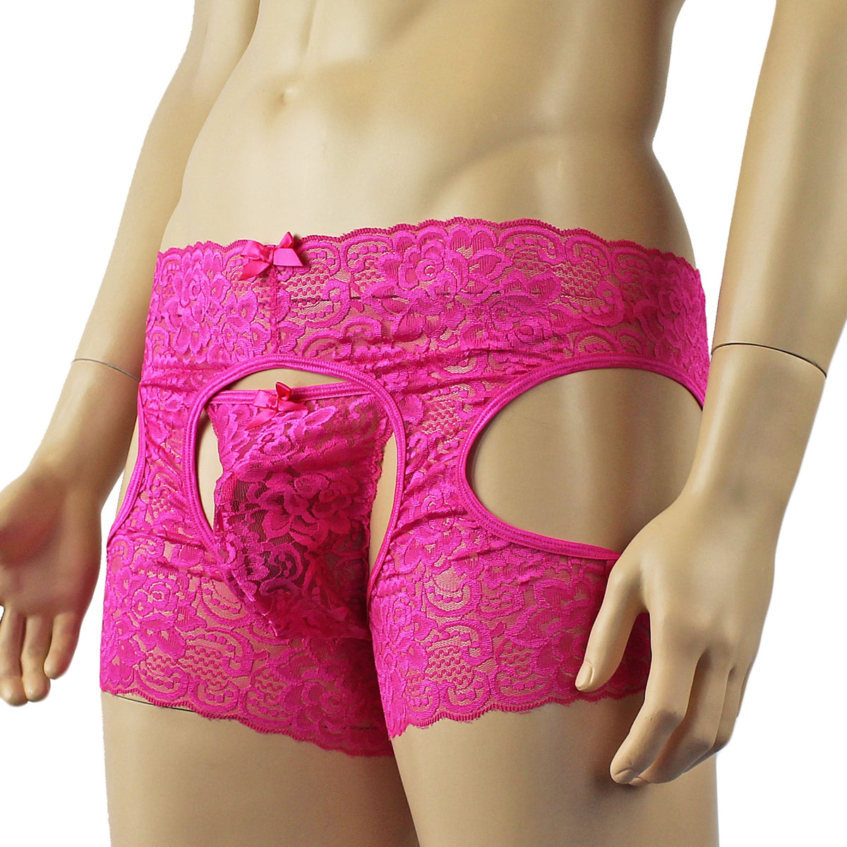 Mens Rebecca Pretty Floral Lingerie Lace Open Garter Boxer Shorts with G string Hot Pink
