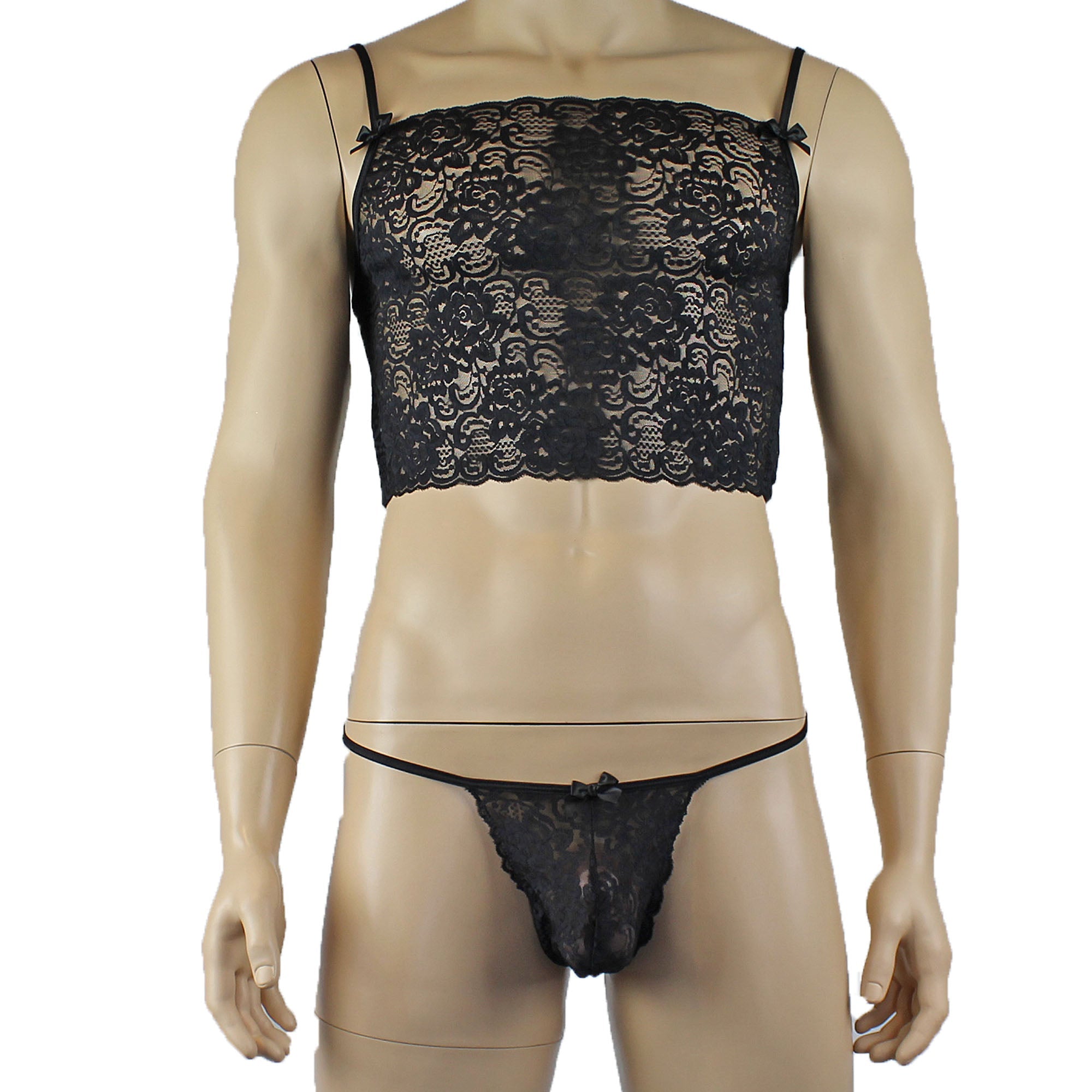 Mens Rebecca Pretty Floral Lingerie Lace Camisole Top, Micro Mini Skirt and G string Black