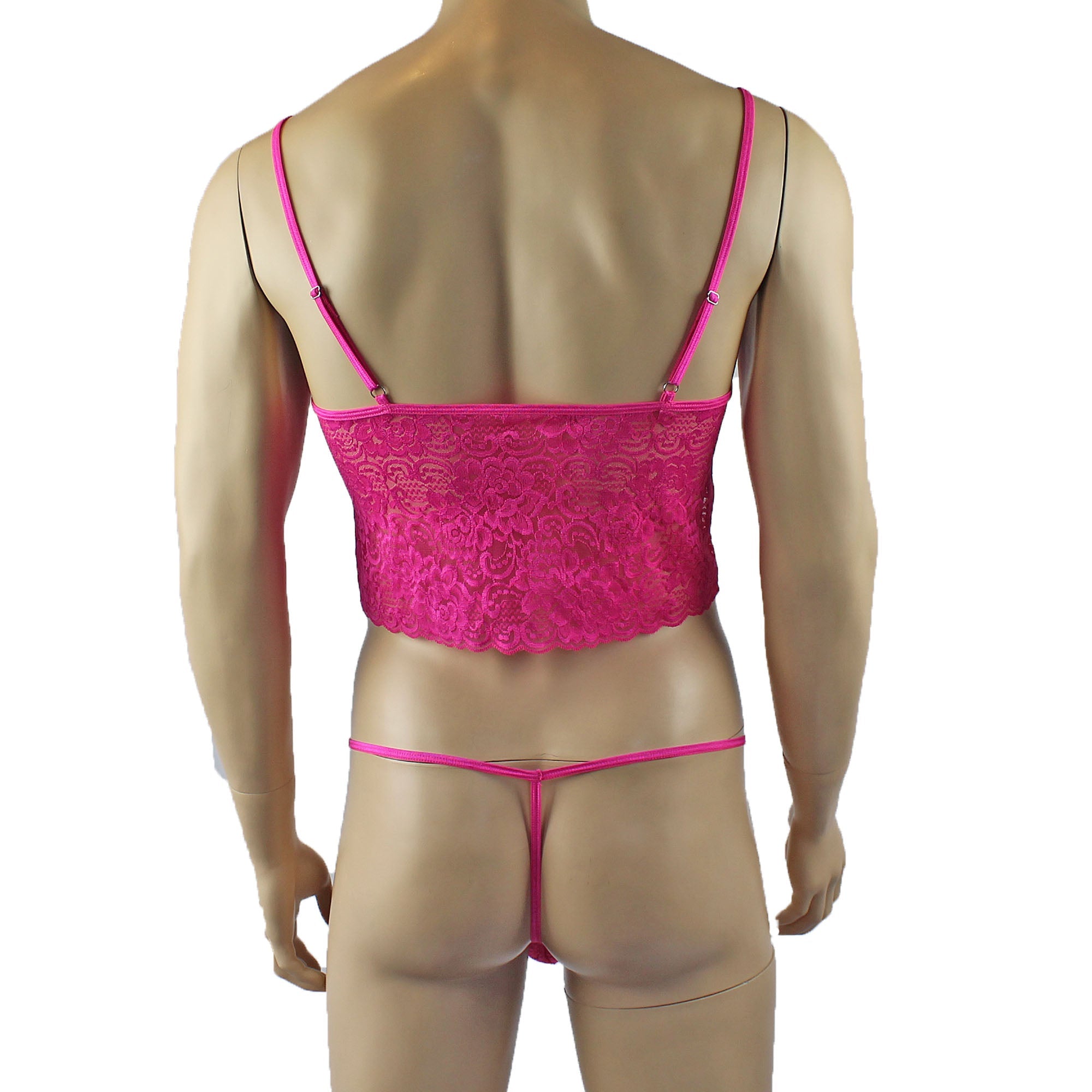 Mens Rebecca Pretty Floral Lingerie Lace Camisole Top with G string Hot Pink