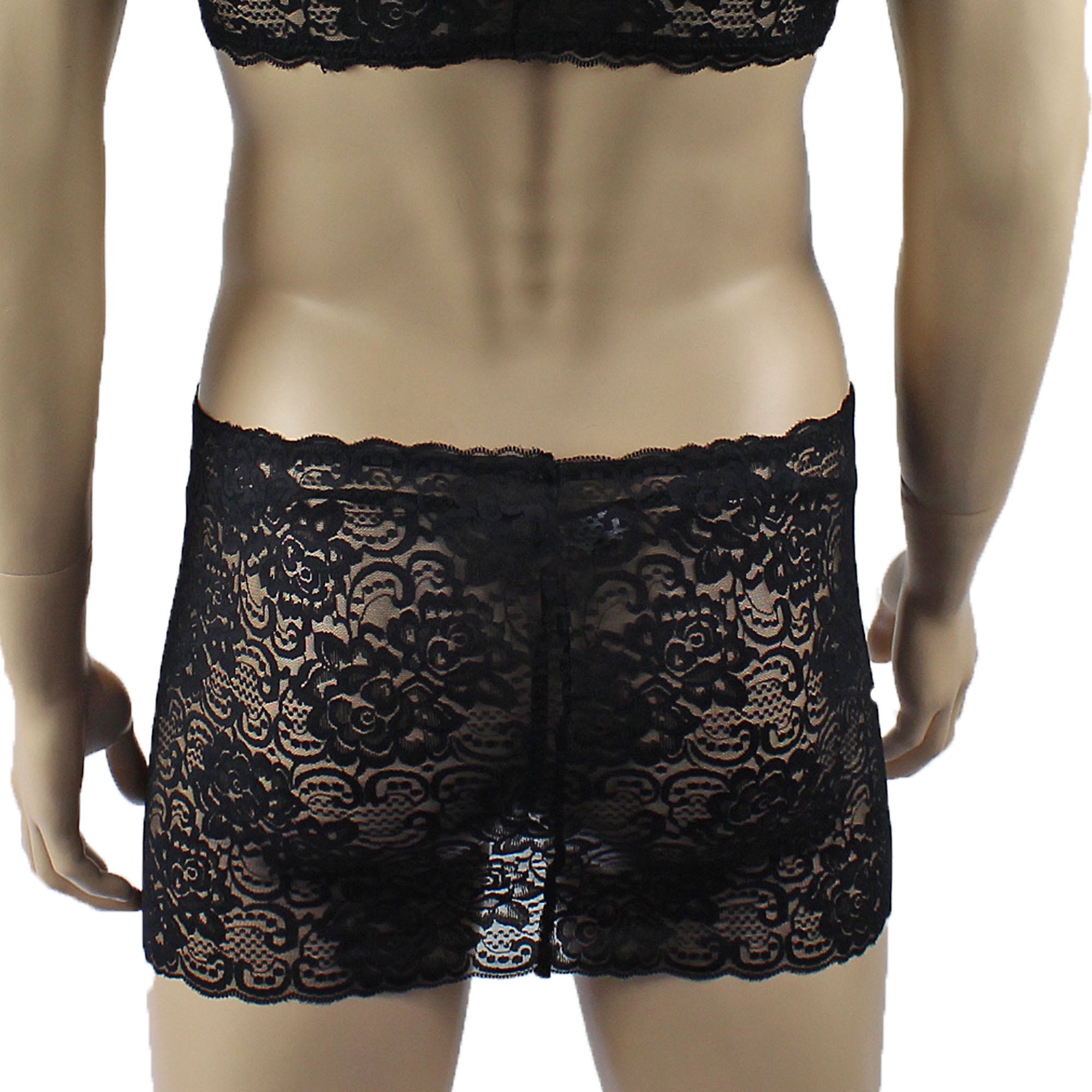 Mens Rebecca Pretty Floral Lingerie Lace Camisole Top, Micro Mini Skirt and G string Black