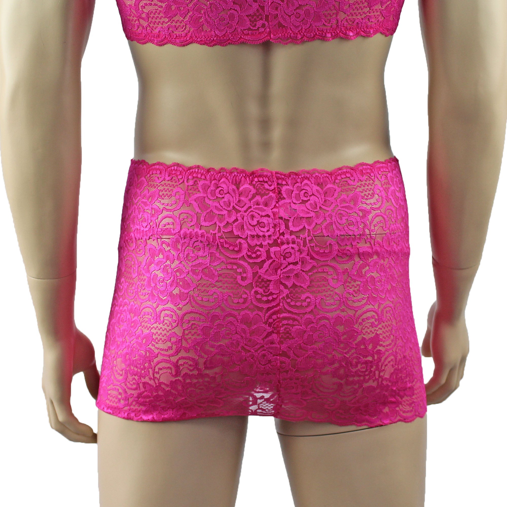 Mens Rebecca Pretty Floral Lingerie Lace Camisole Top, Micro Mini Skirt and G string Hot Pink