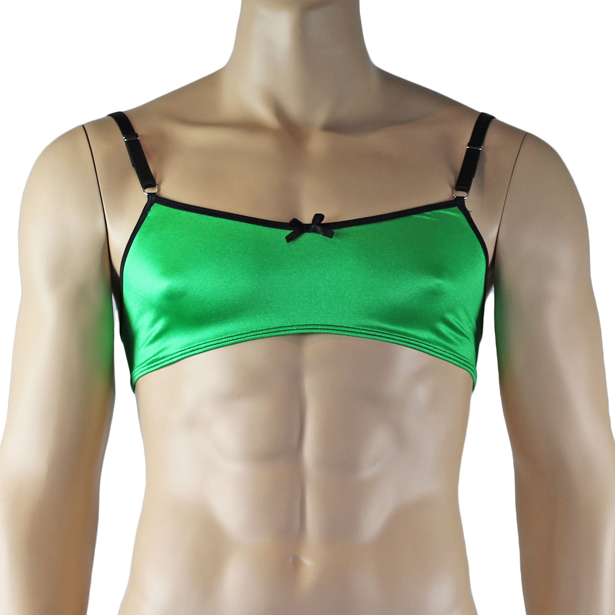 Mens Jenny Shiny Spandex Bra Top, G string and Garterbelt Lingerie Neon Green & Black