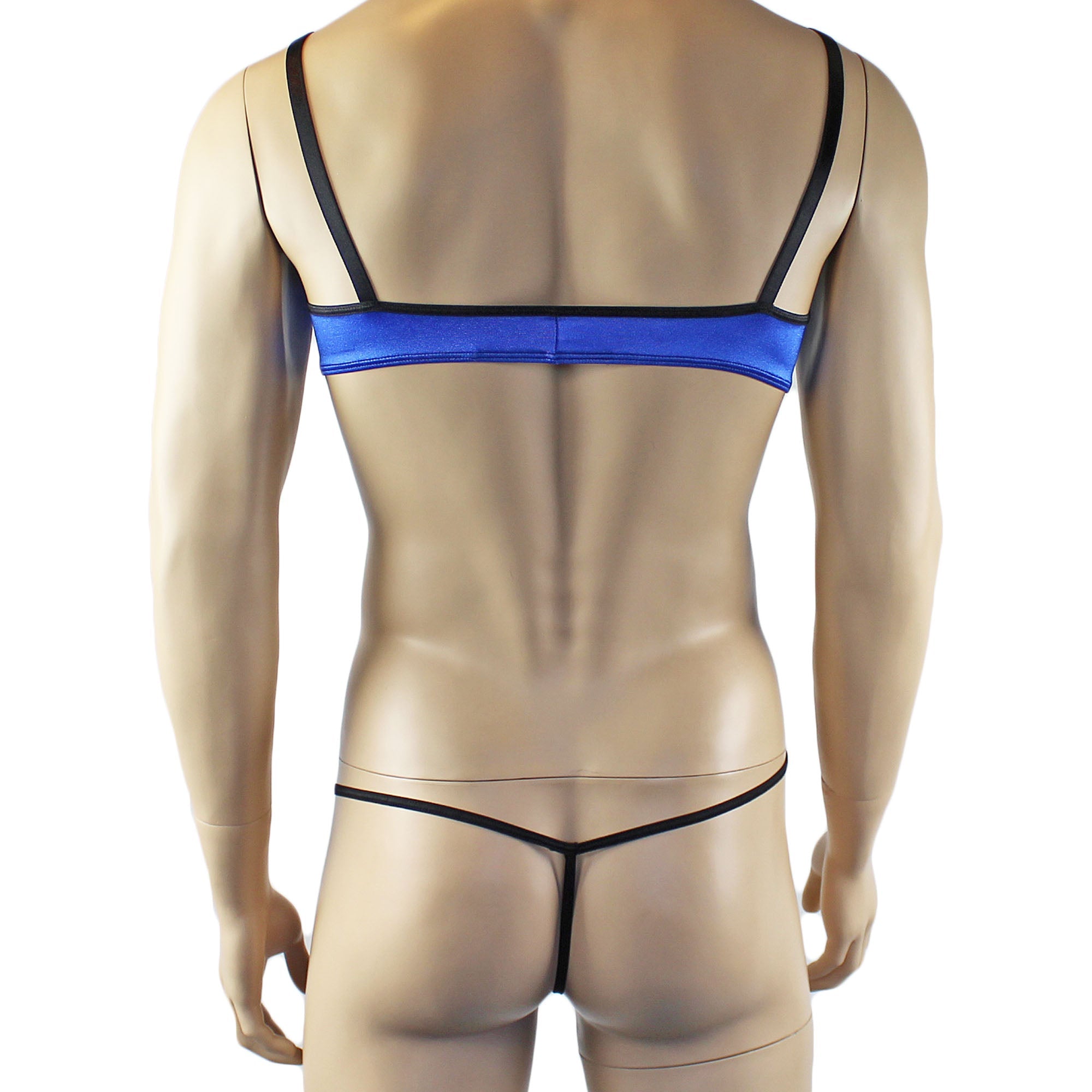 Mens Jenny Shiny Spandex Bra Top & G string Lingerie Blue & Black