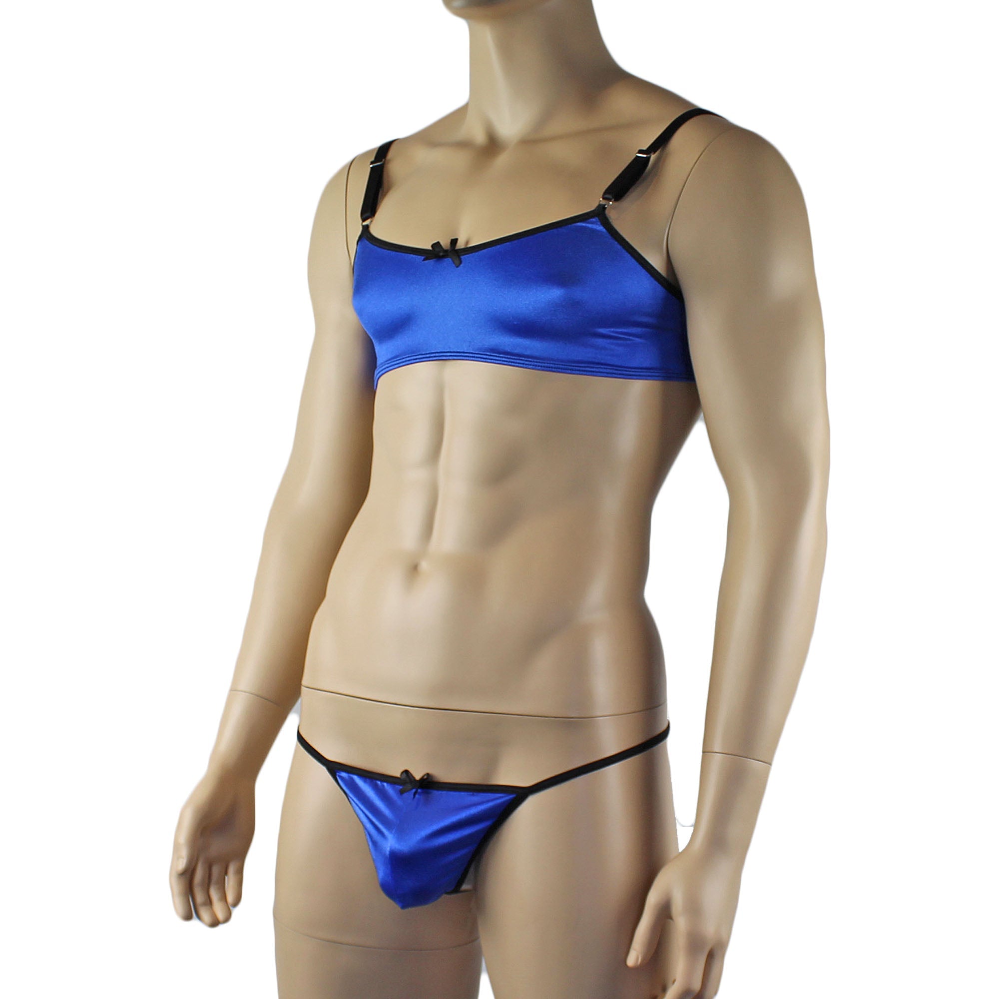 Mens Jenny Shiny Spandex Bra Top & G string Lingerie Blue & Black