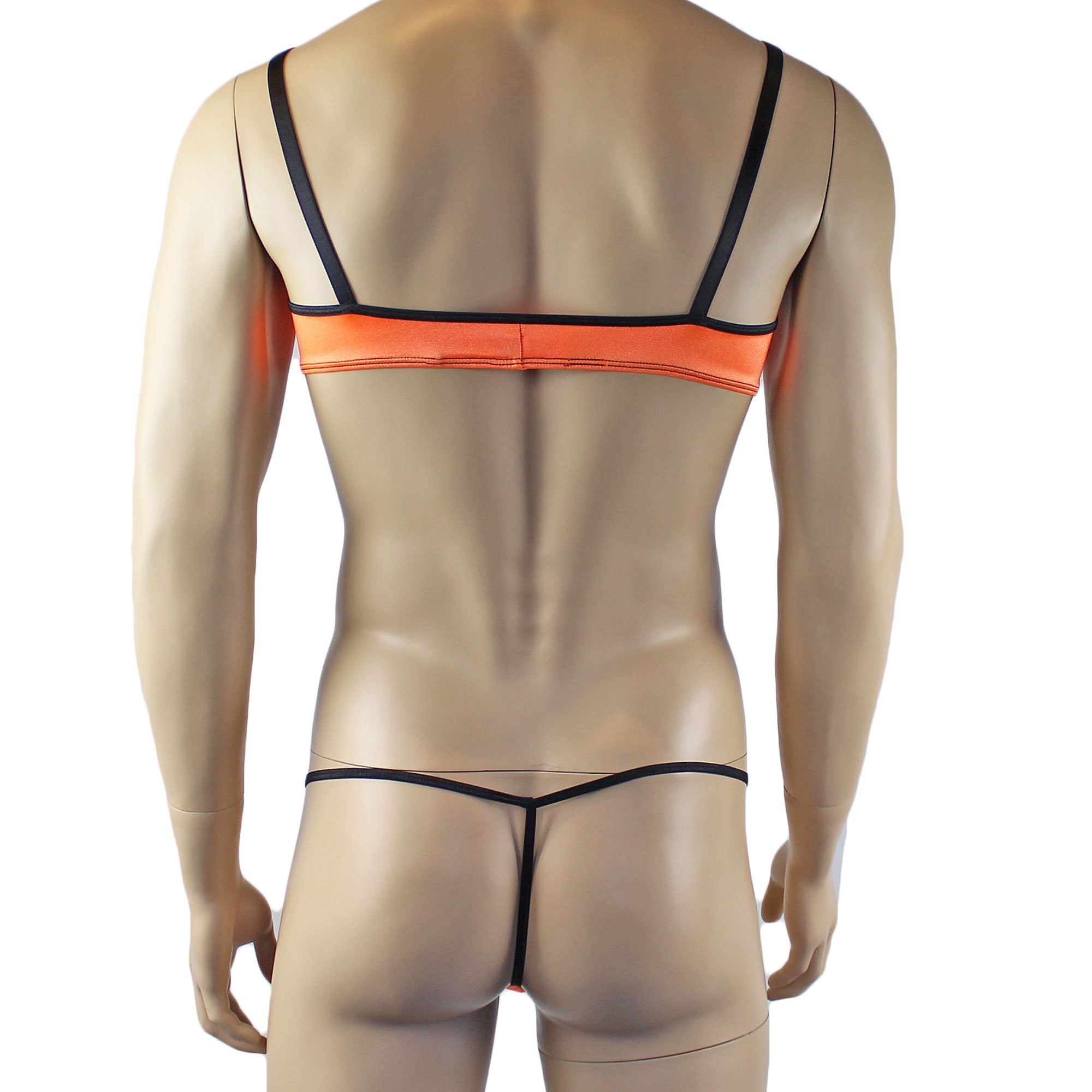 Mens Jenny Shiny Spandex Bra Top & G string Lingerie Orange & Black