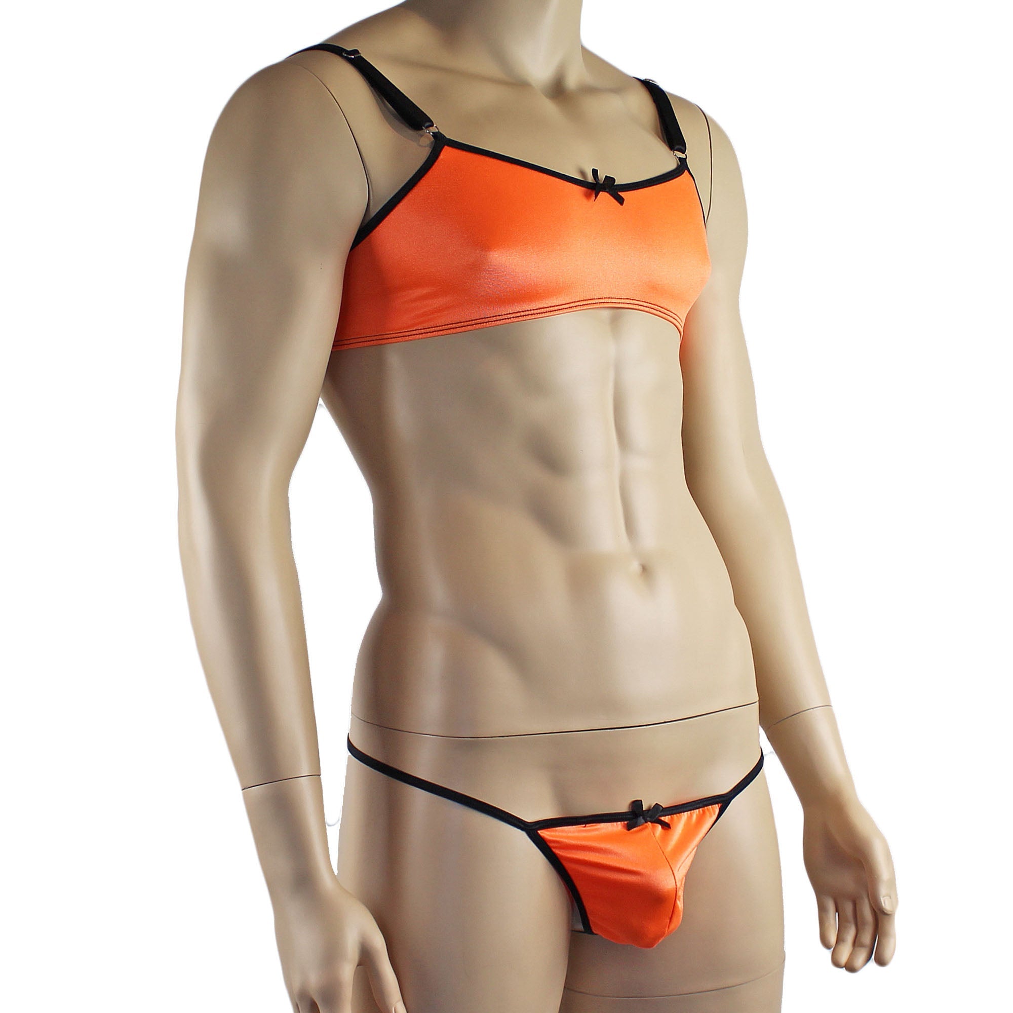Mens Jenny Shiny Spandex Bra Top & G string Lingerie Orange & Black