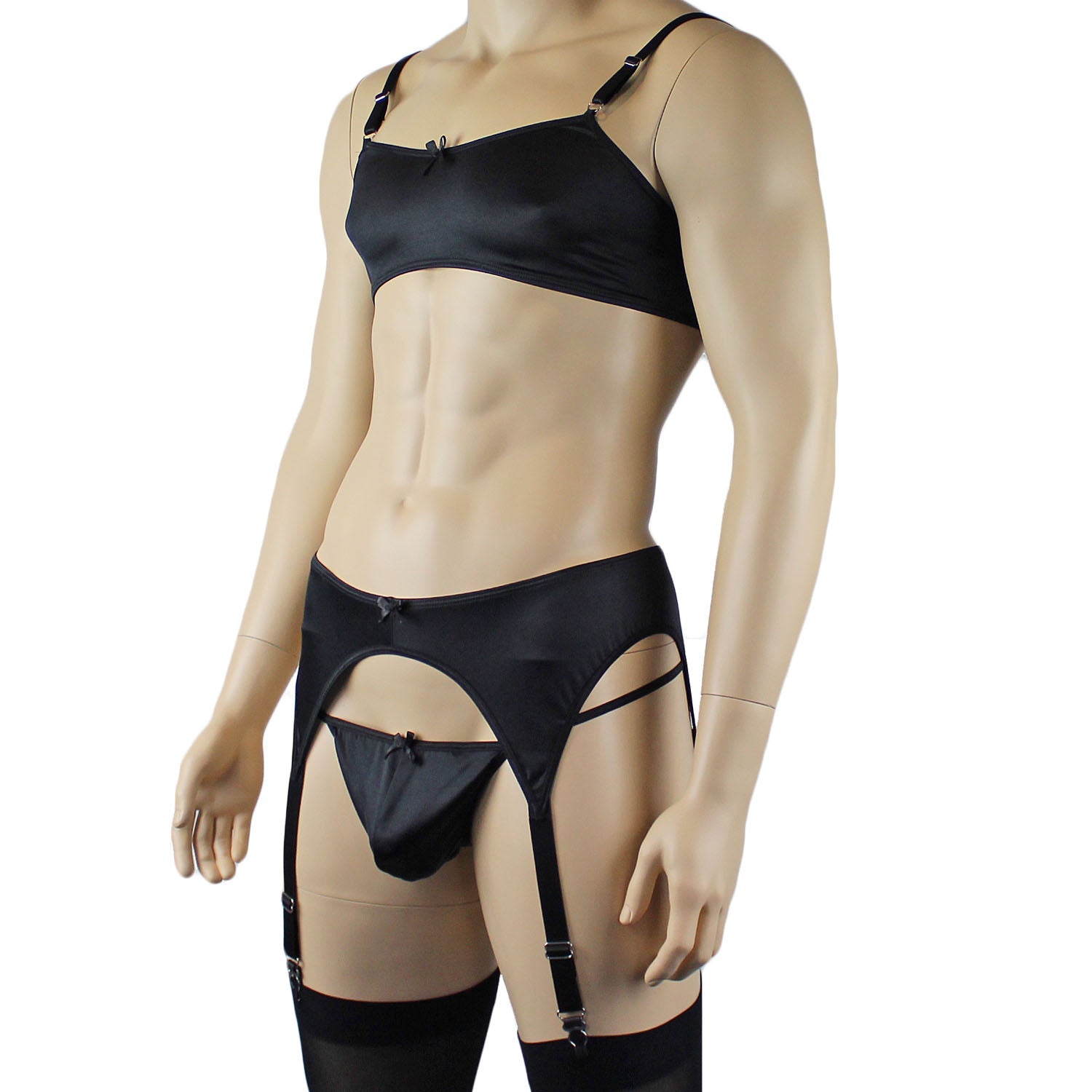 Mens Jenny Shiny Spandex Bra Top, G string and Garterbelt Lingerie Black