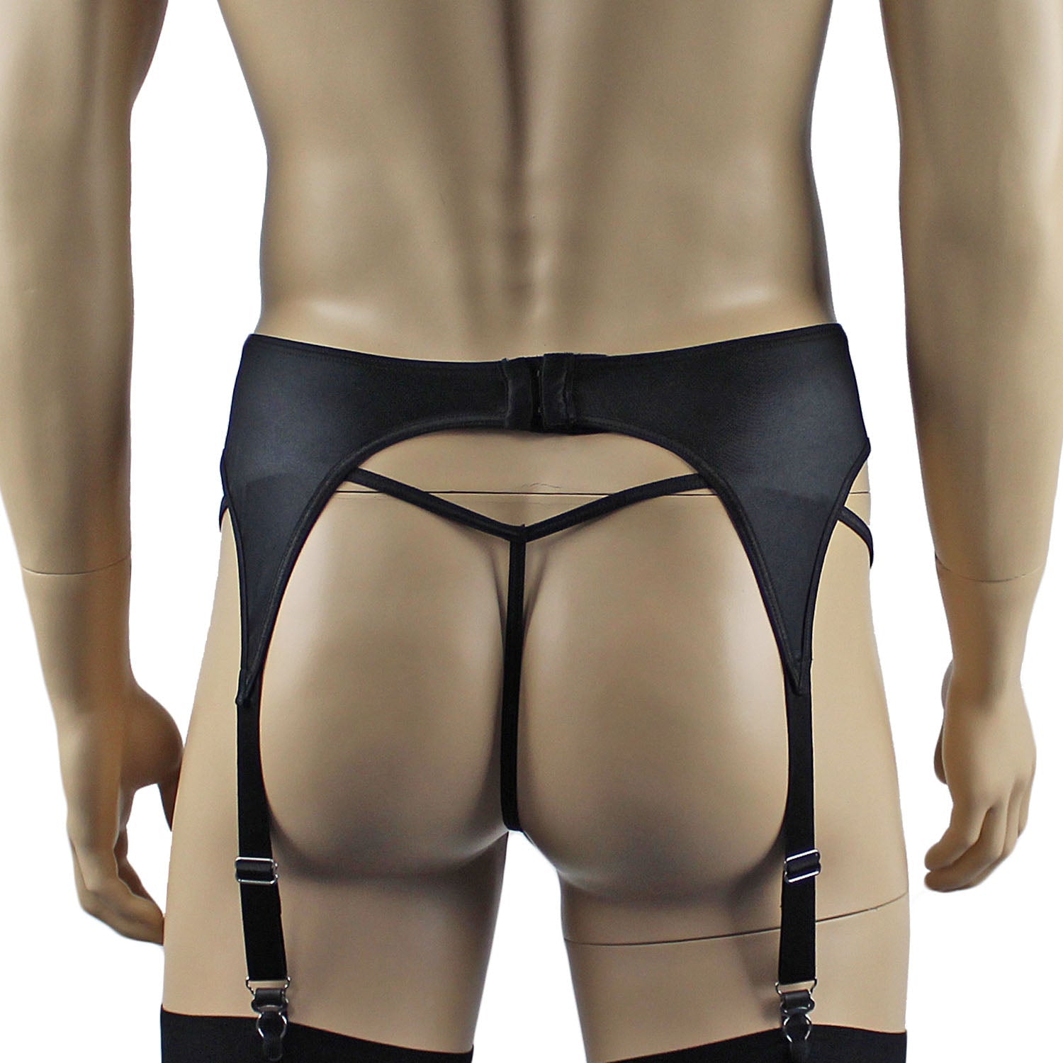 Mens Jenny Shiny Spandex Bra Top, G string and Garterbelt Lingerie Black