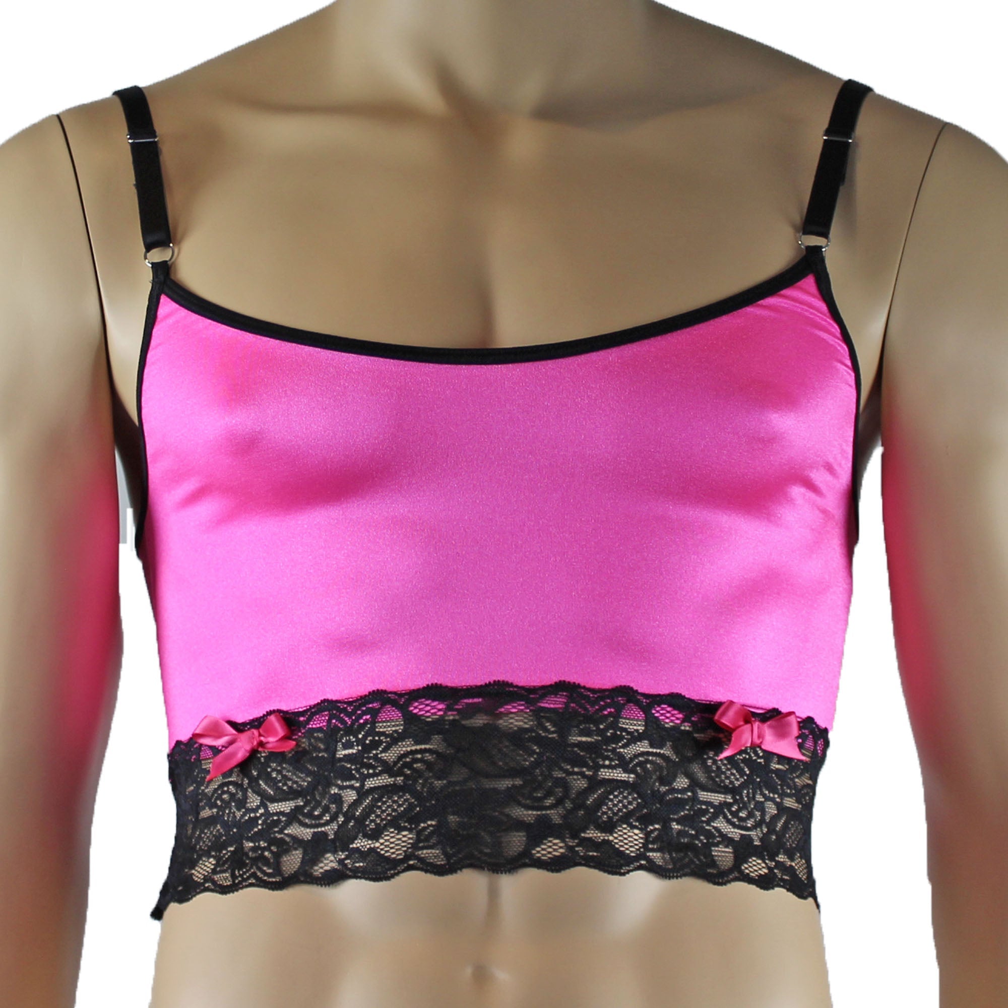 Mens Joanne Satin & Lace Crop Cami Top with Sexy Thong - Sizes up to 3XL Hot Pink and Black Lace