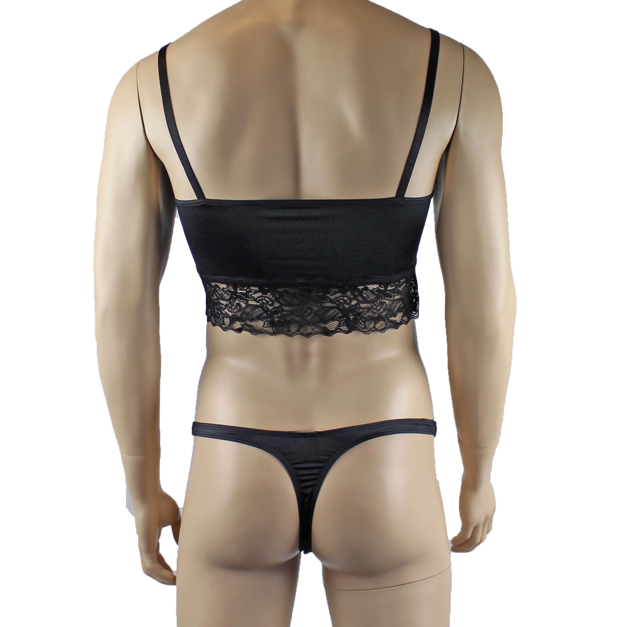 Mens Joanne Satin & Lace Crop Cami Top with Sexy Thong - Sizes up to 3XL Black and Black Lace