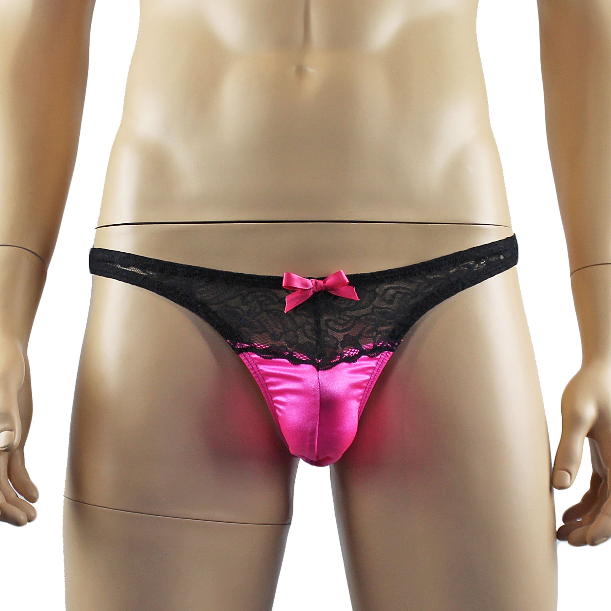 Mens Joanne Satin & Lace Crop Cami Top with Sexy Thong - Sizes up to 3XL Hot Pink and Black Lace