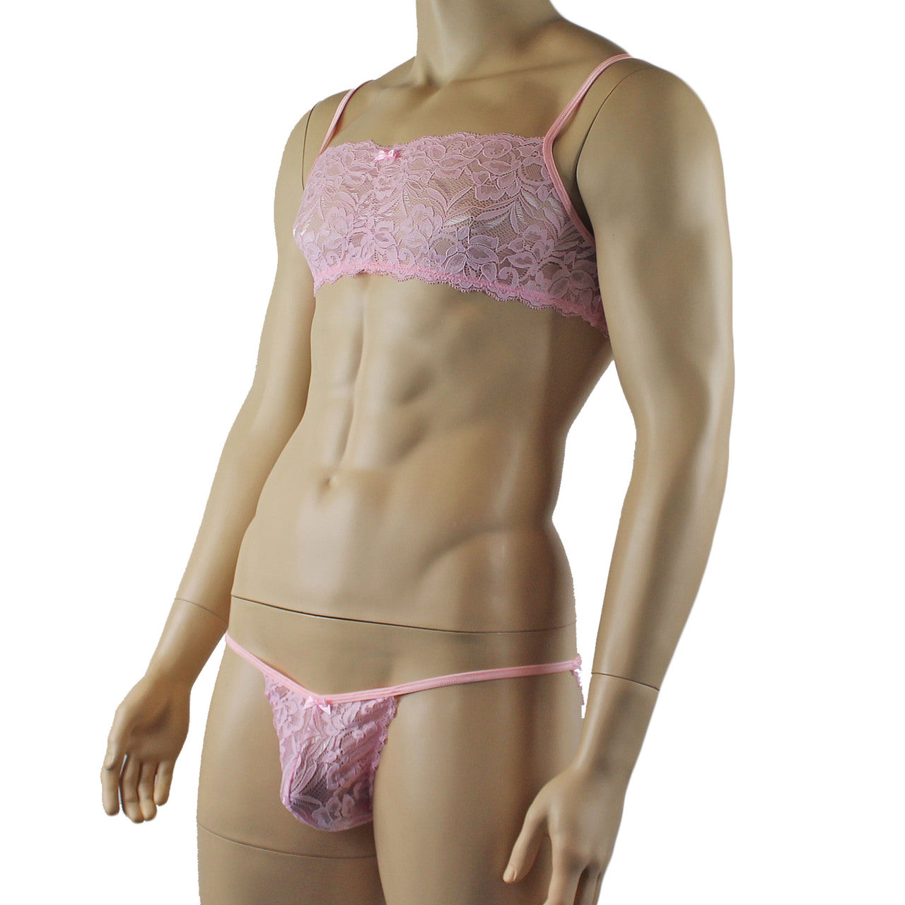 Mens Kristy Lingerie Lace Bra Top BR04 and Lace Panty Light Pink