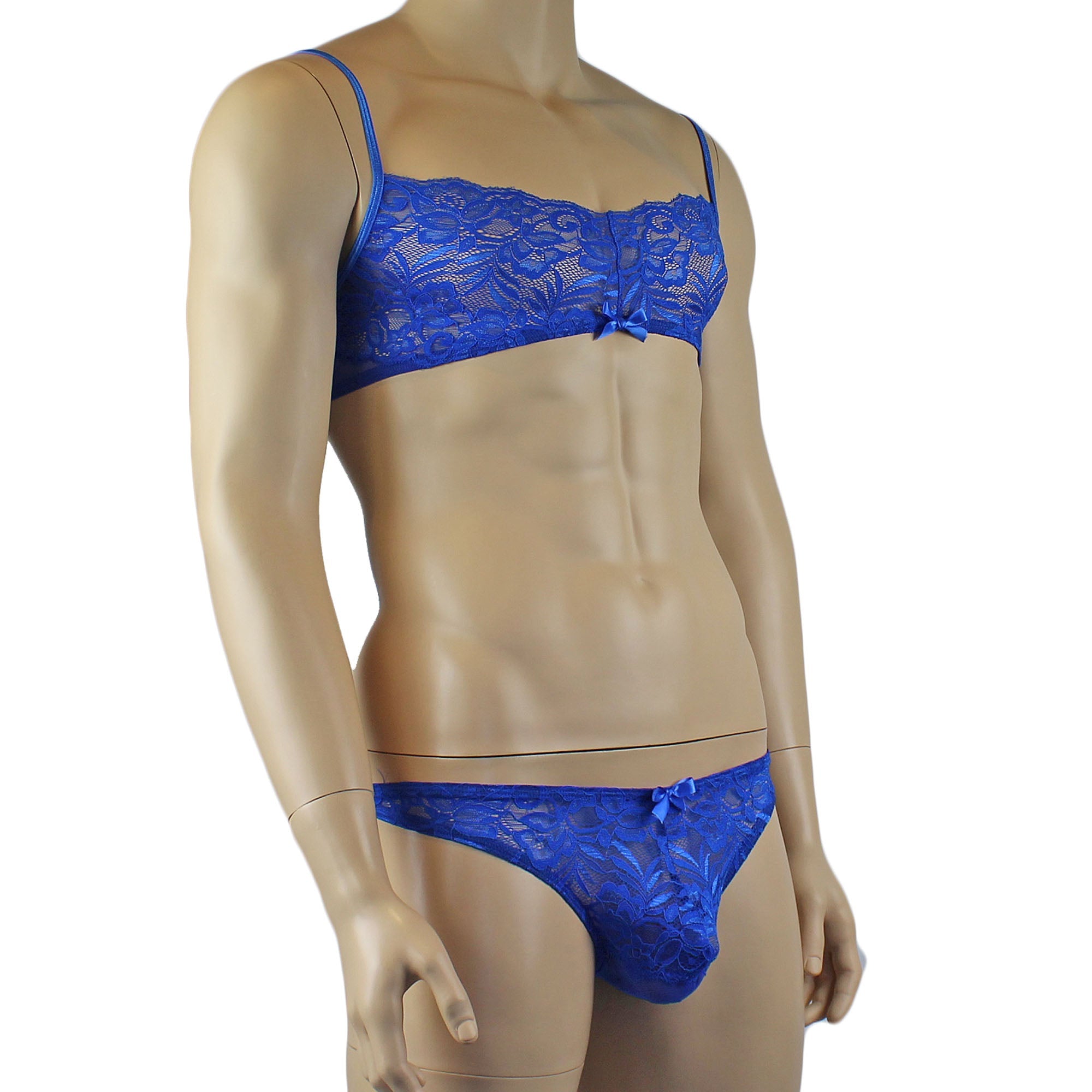 Mens Kristy Lace & Mesh Bra Top BR02L and Thong Panty Blue
